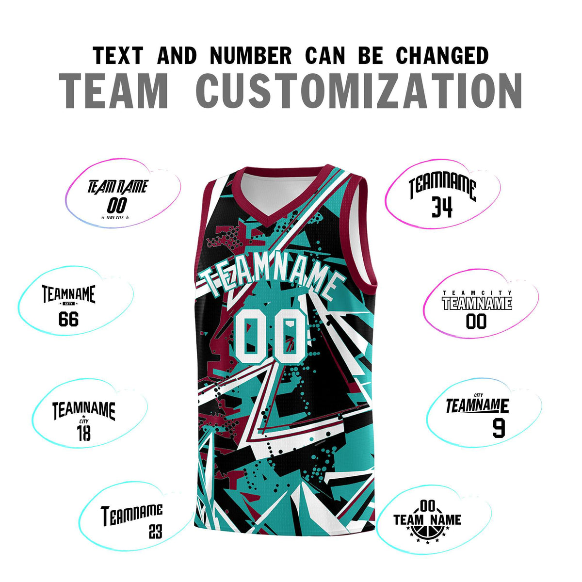 Custom Youth Basketball Jerseys Teal Crimson Abstract Graffiti Personalized Team Name &amp; Number