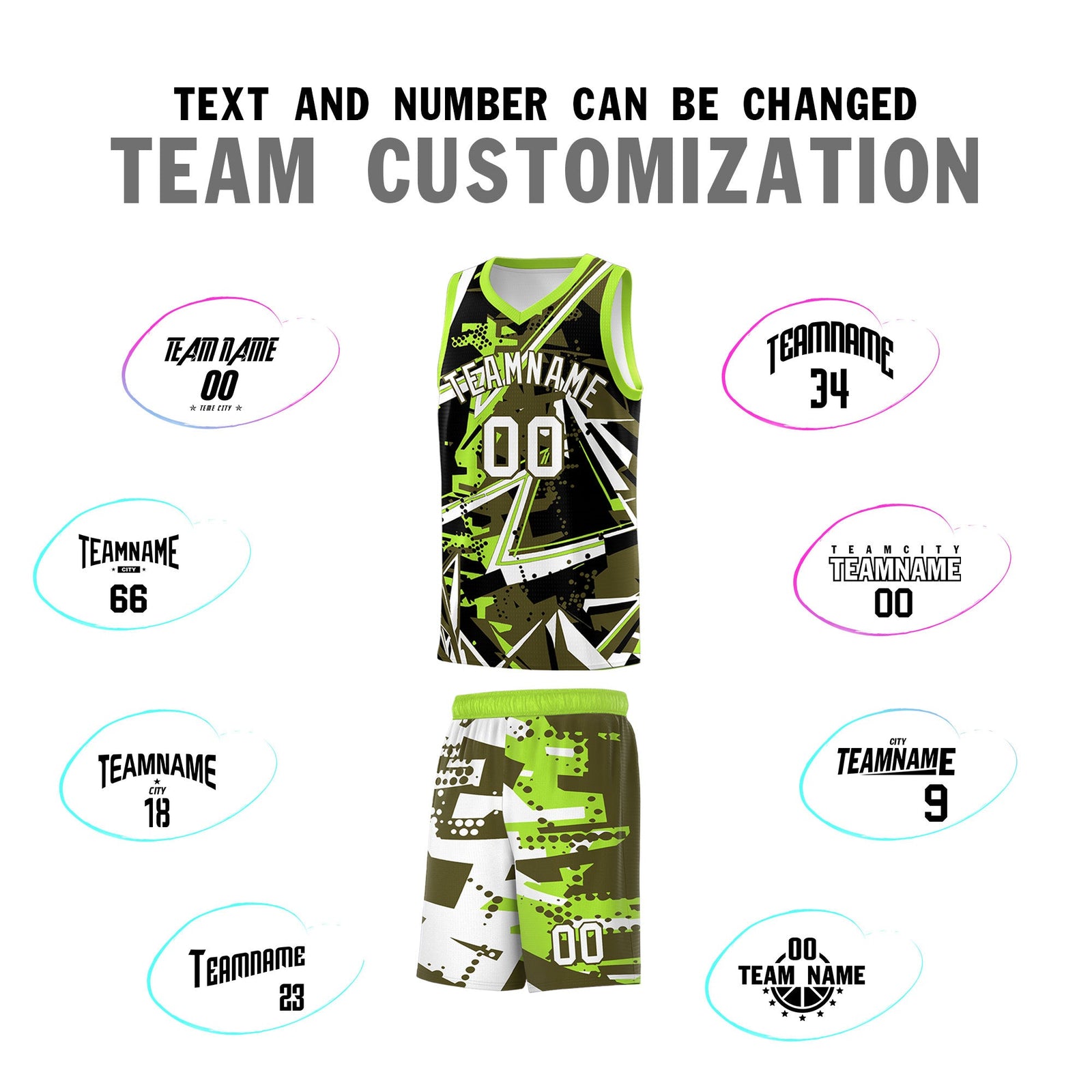 Custom Youth Basketball Jerseys Olive Neon Green Abstract Graffiti Personalized Street Style Uniform