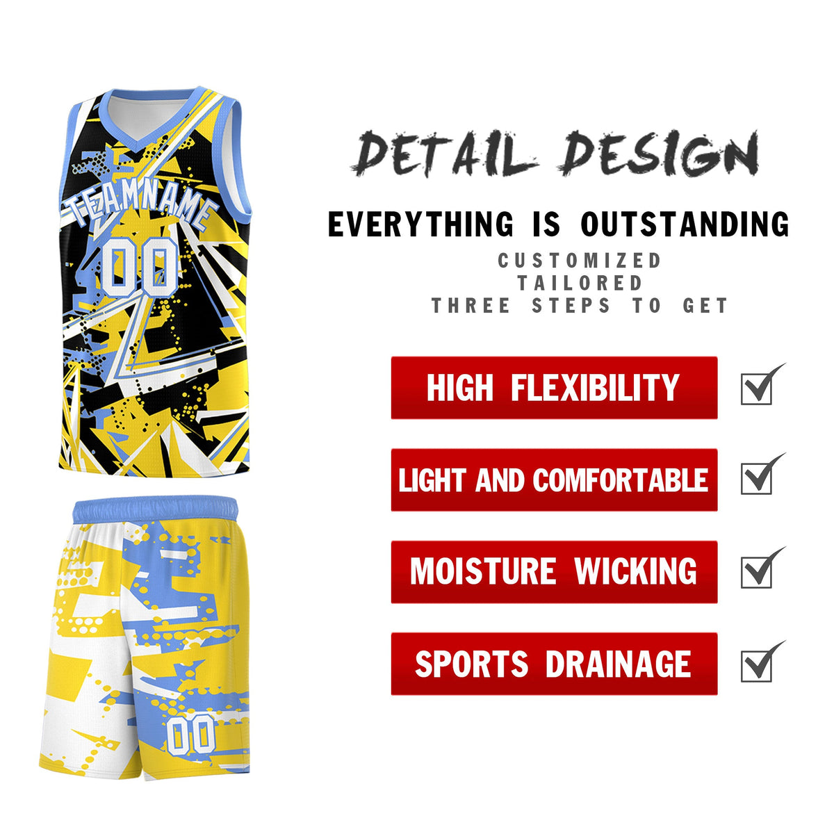 Custom Youth Basketball Jerseys Gold Light Blue Abstract Graffiti Urban Style Personalized Uniform