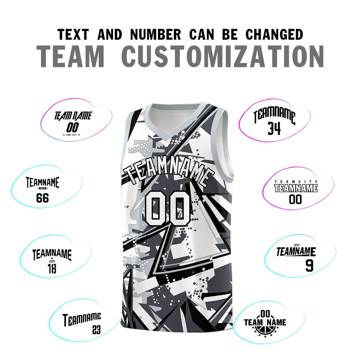 Custom Youth Basketball Jerseys Gray Silver Abstract Graffiti Personalized Team Name &amp; Number