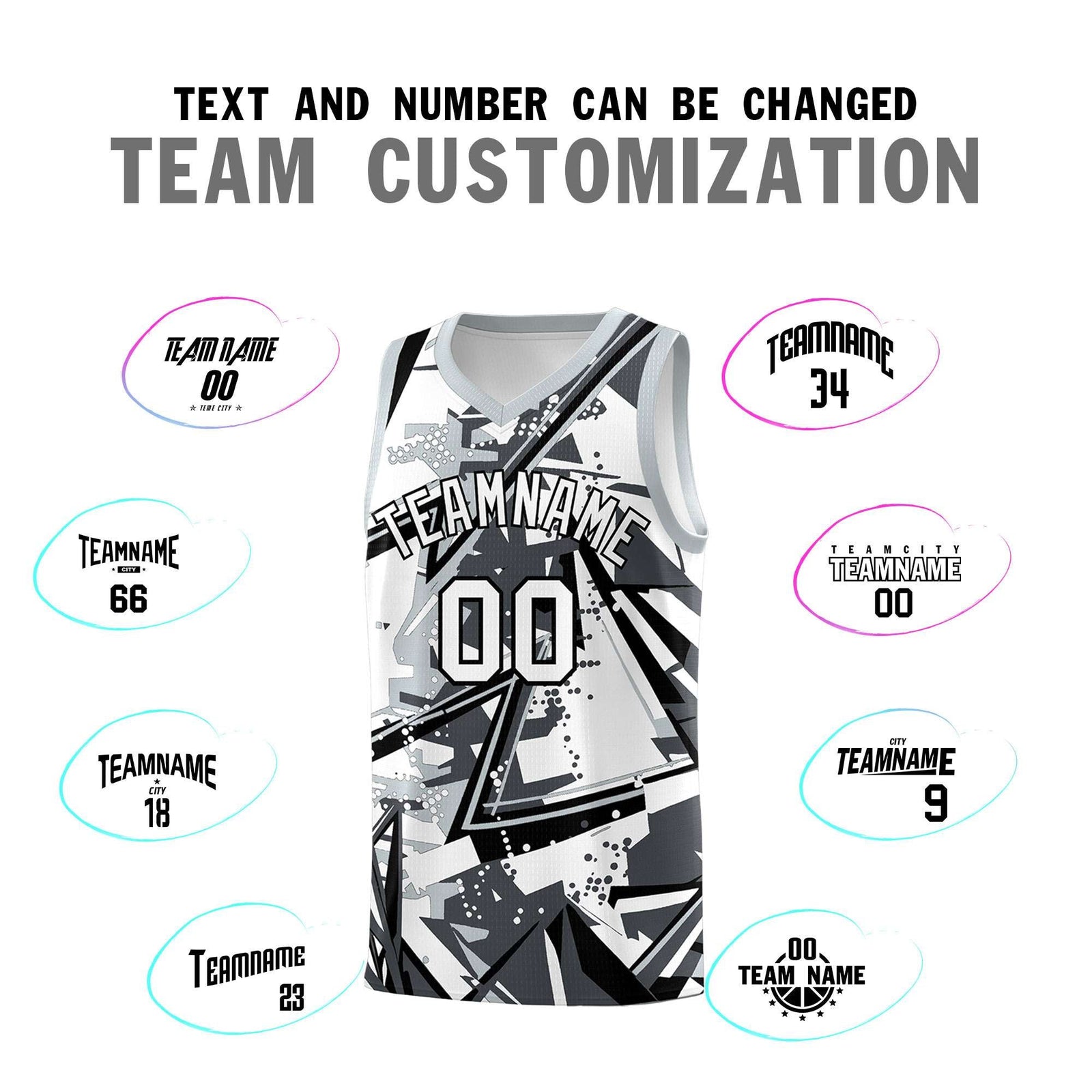 Custom Youth Basketball Jerseys Gray Silver Abstract Graffiti Personalized Team Name & Number