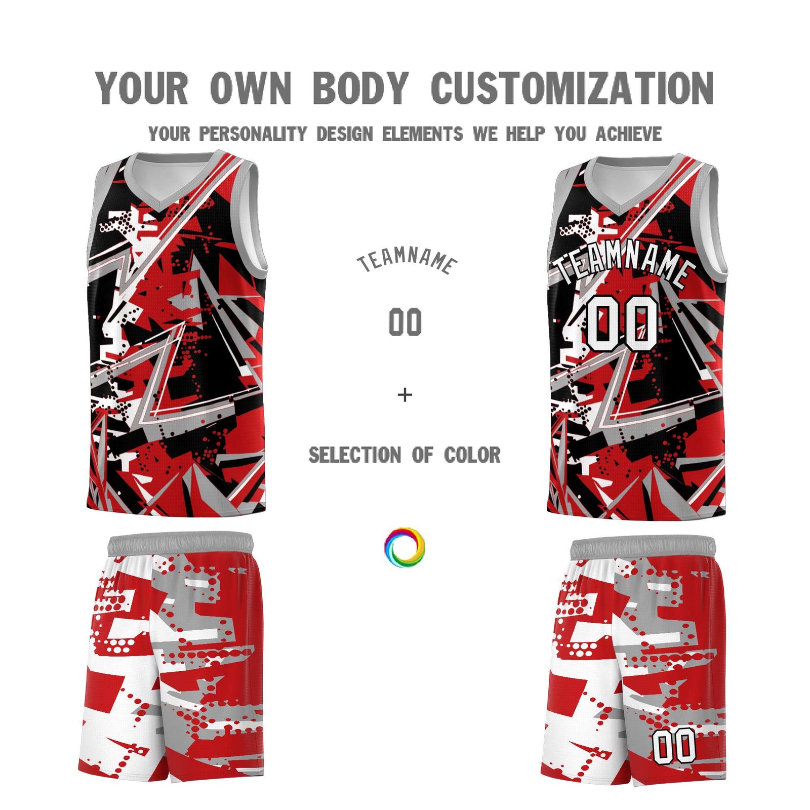 Custom Youth Basketball Jerseys Red Gray Abstract Graffiti Personalized Team Name & Number