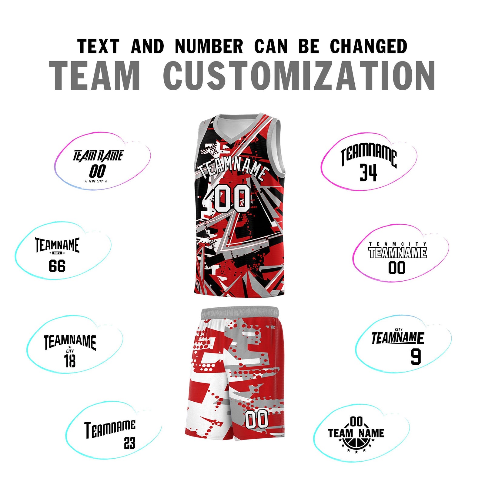 Custom Youth Basketball Jerseys Red Gray Abstract Graffiti Personalized Team Name & Number