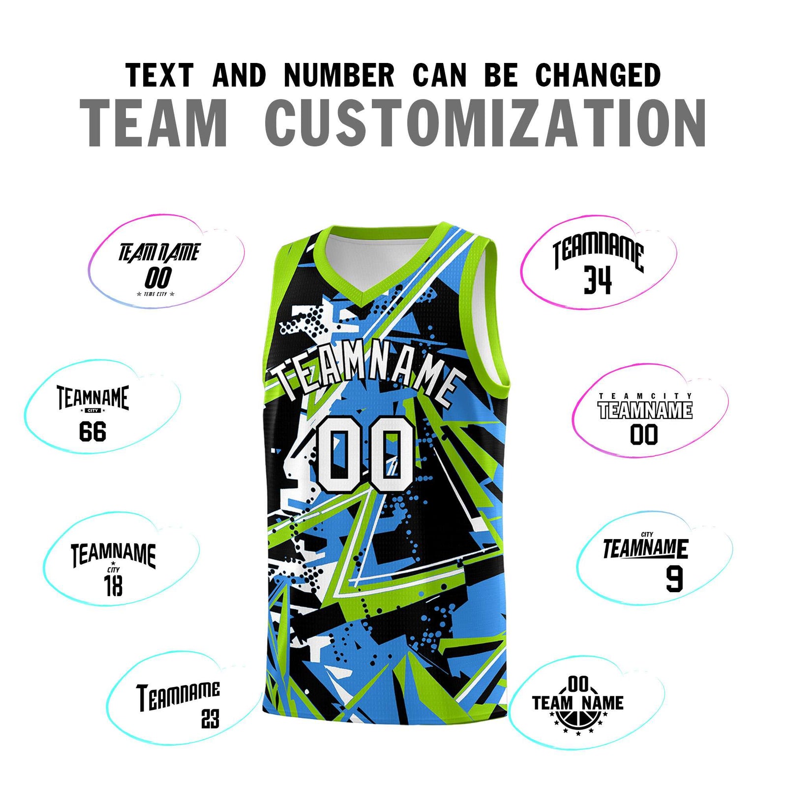 Custom Youth Basketball Jerseys Light Blue Neon Green Abstract Graffiti Personalized Street Style Uniform