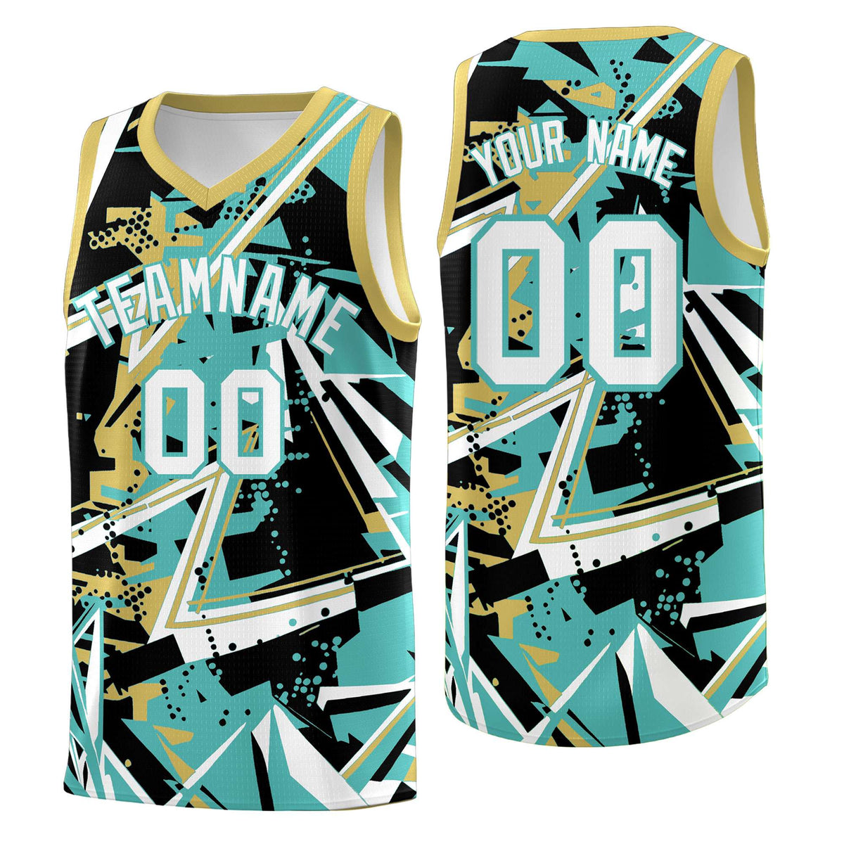 Custom Youth Basketball Jerseys Teal Old Gold Abstract Graffiti Personalized Street Style Uniform