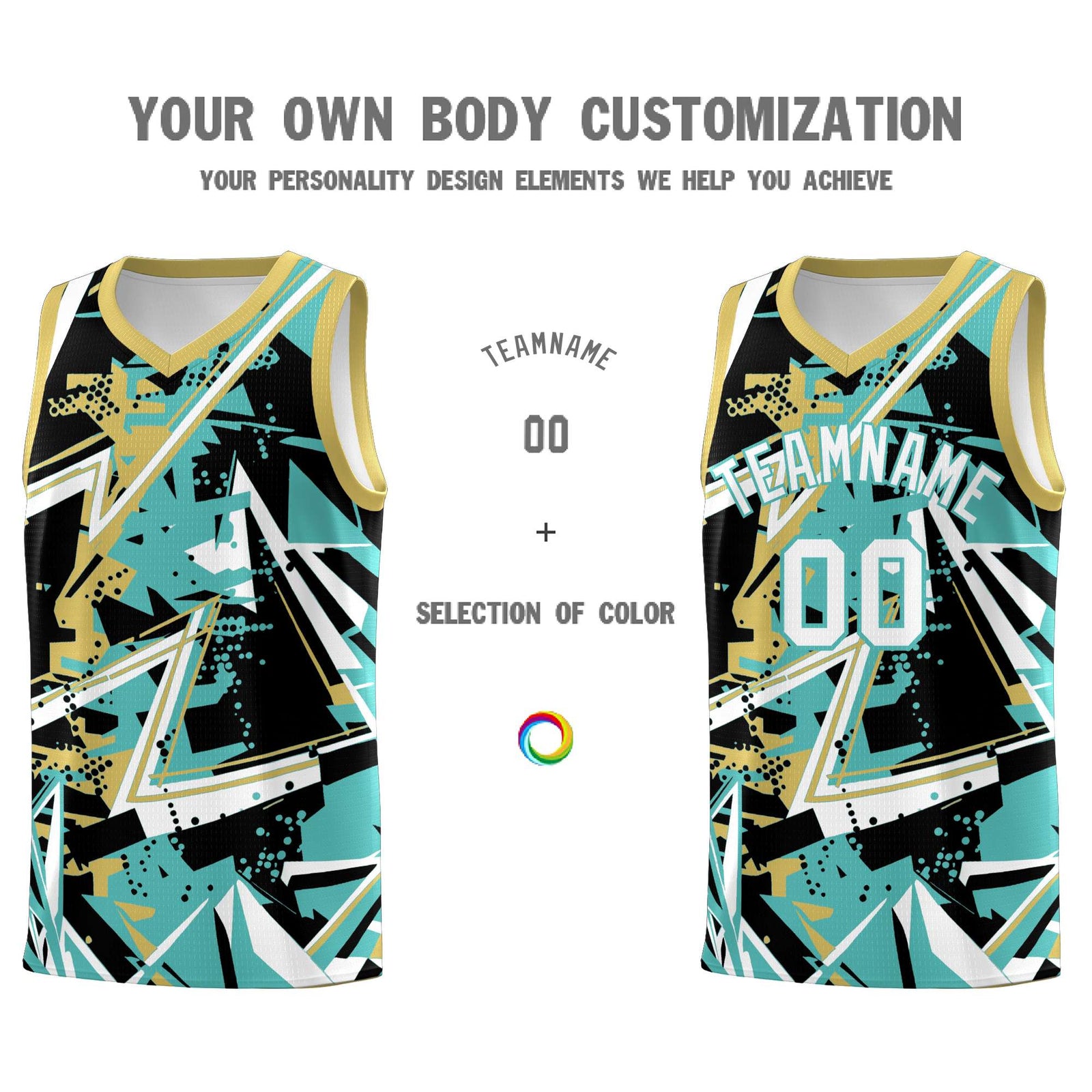 Custom Youth Basketball Jerseys Teal Old Gold Abstract Graffiti Personalized Street Style Uniform