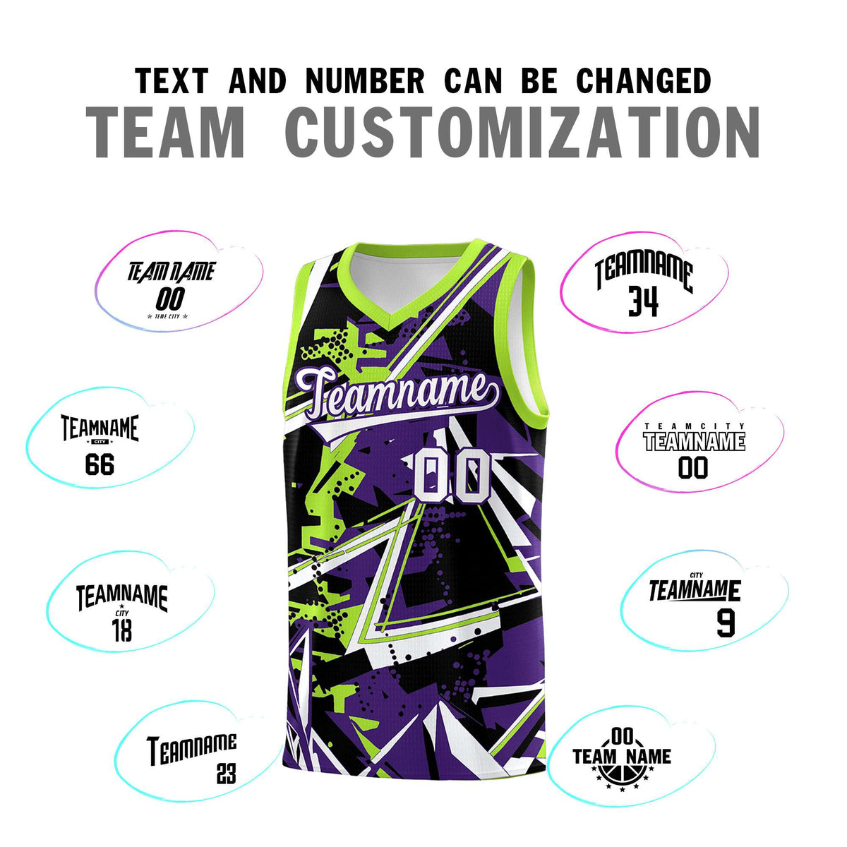 Custom Youth Basketball Jerseys Purple Neon Green Abstract Graffiti Personalized Team Name &amp; Number