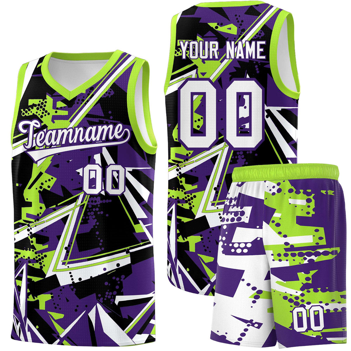 Custom Youth Basketball Jerseys Purple Neon Green Abstract Graffiti Personalized Team Name &amp; Number