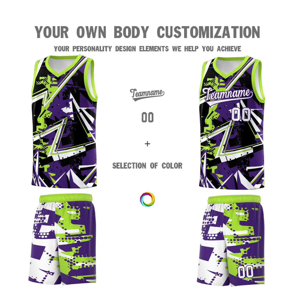 Custom Youth Basketball Jerseys Purple Neon Green Abstract Graffiti Personalized Team Name &amp; Number