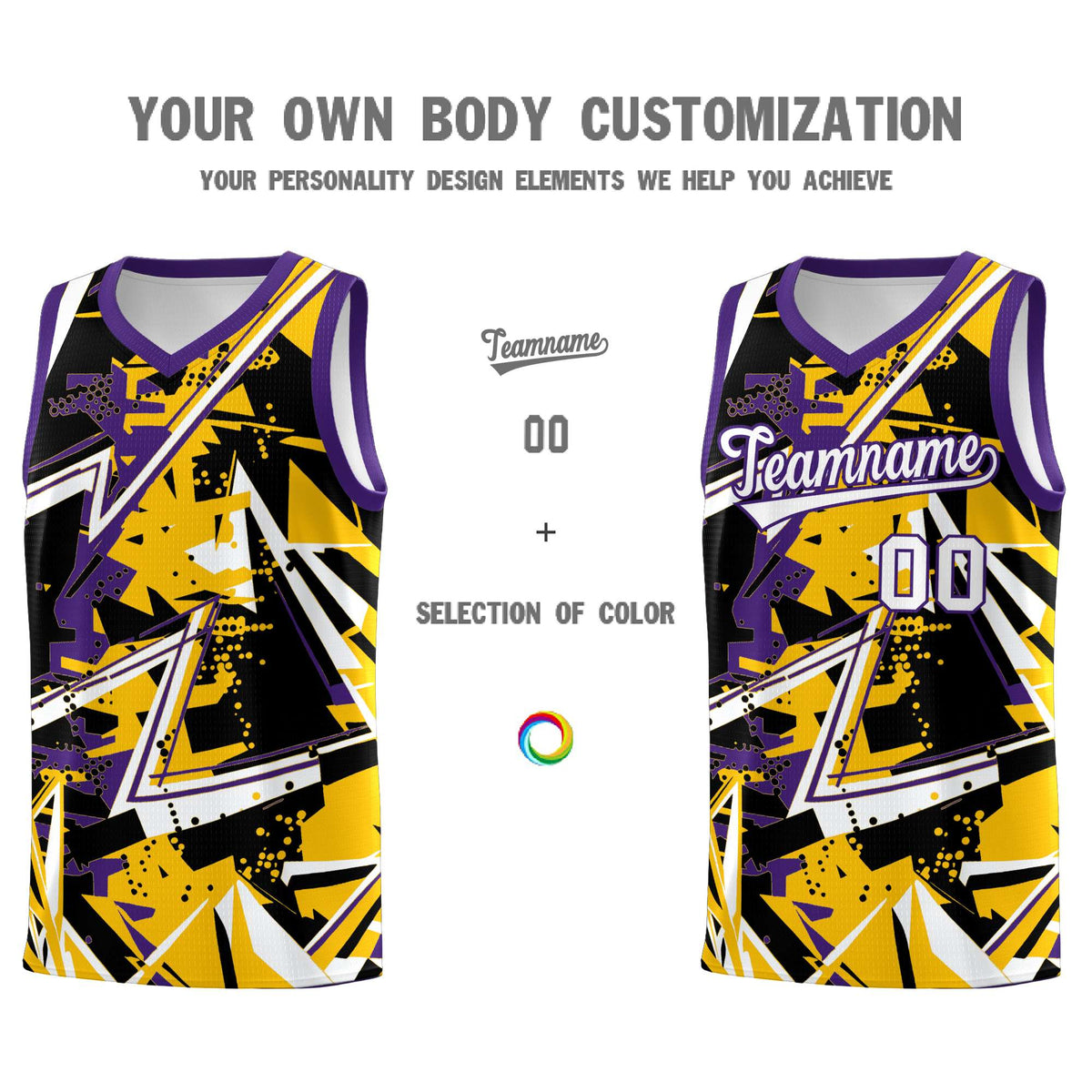 Custom Youth Basketball Jerseys Yellow Purple Abstract Graffiti Personalized Team Name &amp; Number