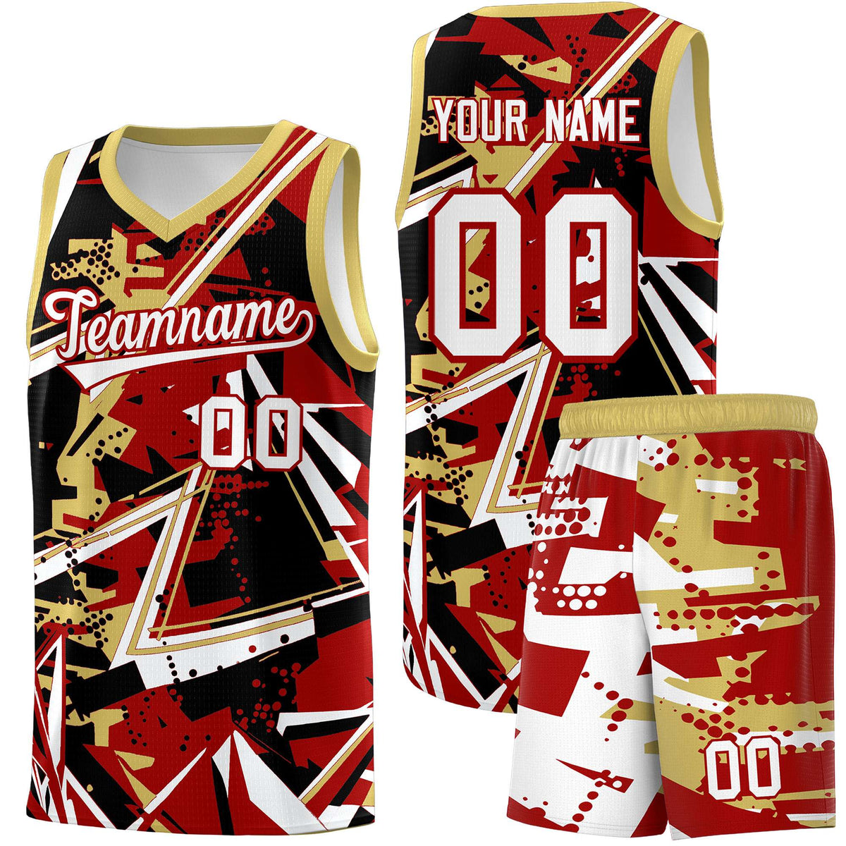 Custom Youth Basketball Jerseys Red Old Gold Abstract Graffiti Personalized Team Name &amp; Number