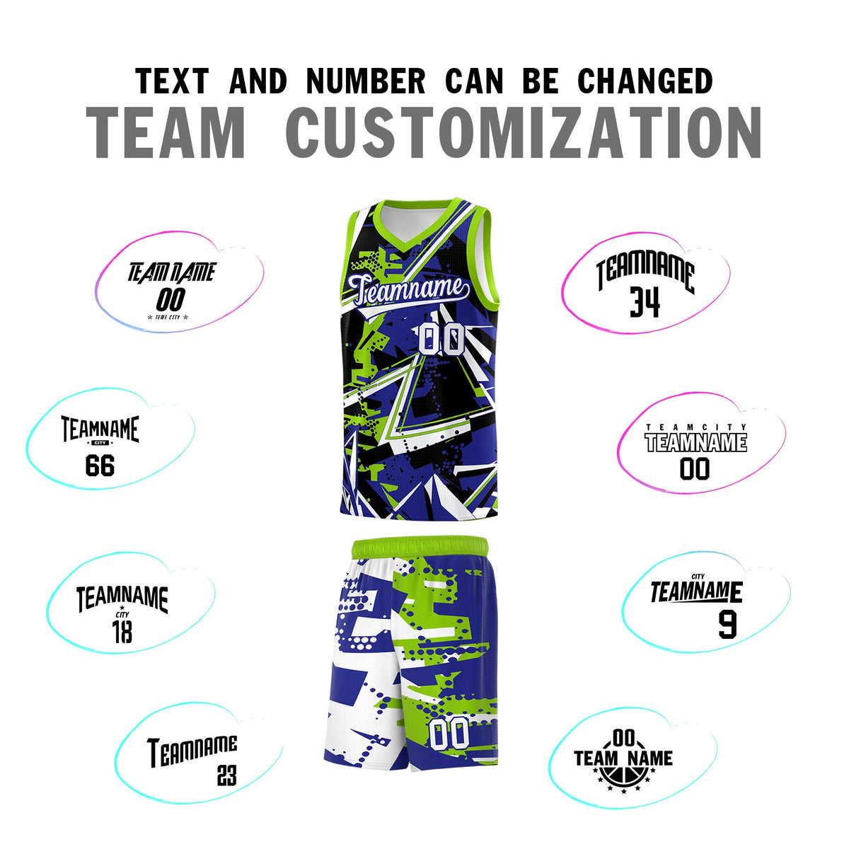 Custom Youth Basketball Jerseys Royal Neon Green Abstract Graffiti Urban Style Personalized Uniform