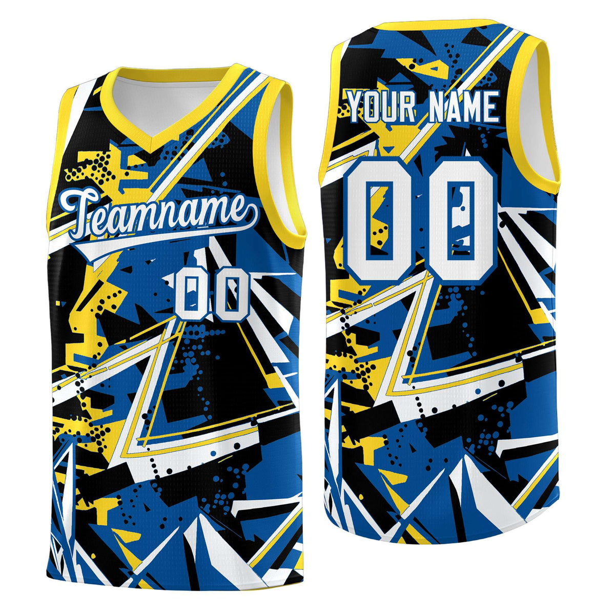 Custom Youth Basketball Jerseys Royal Gold Abstract Graffiti Personalized Team Name &amp; Number