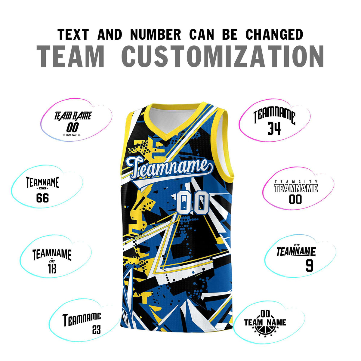Custom Youth Basketball Jerseys Royal Gold Abstract Graffiti Personalized Team Name &amp; Number