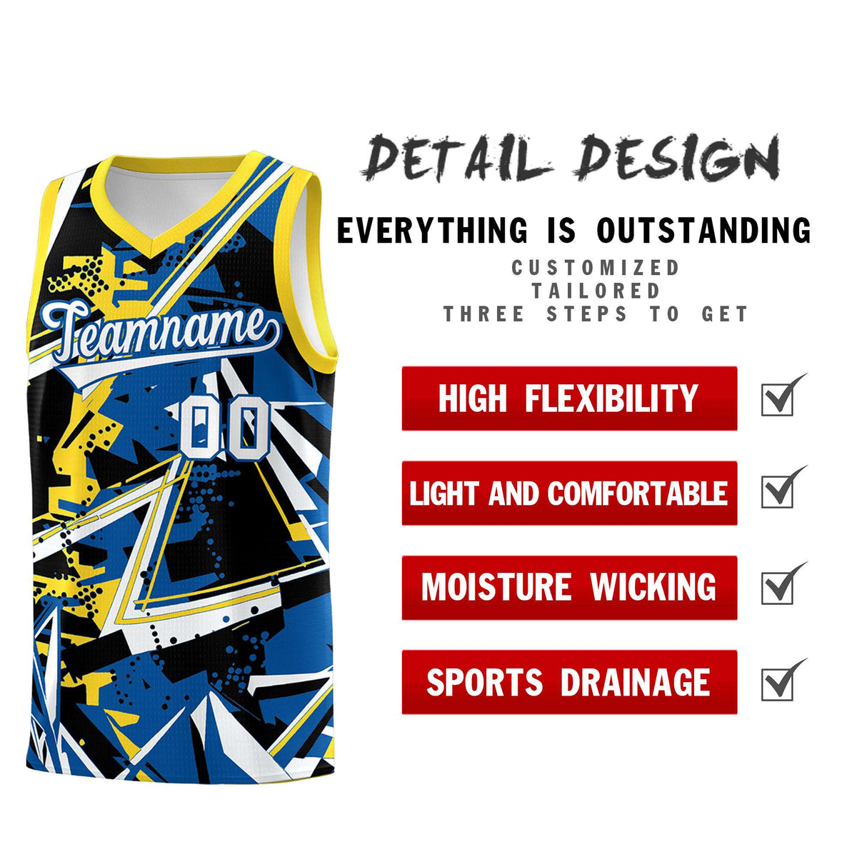Custom Youth Basketball Jerseys Royal Gold Abstract Graffiti Personalized Team Name &amp; Number