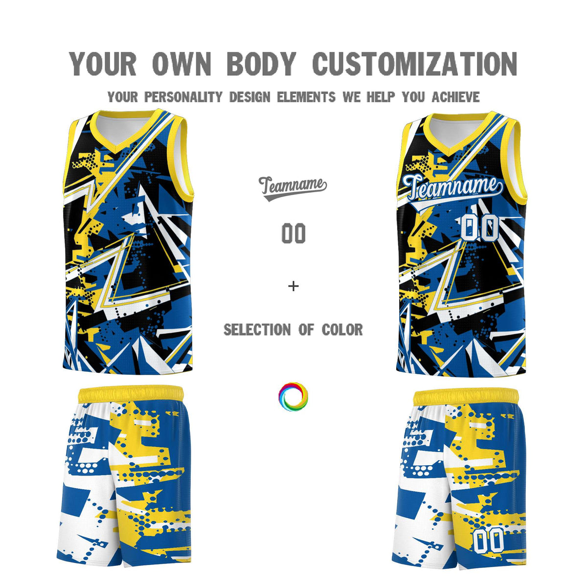 Custom Youth Basketball Jerseys Royal Gold Abstract Graffiti Personalized Team Name &amp; Number