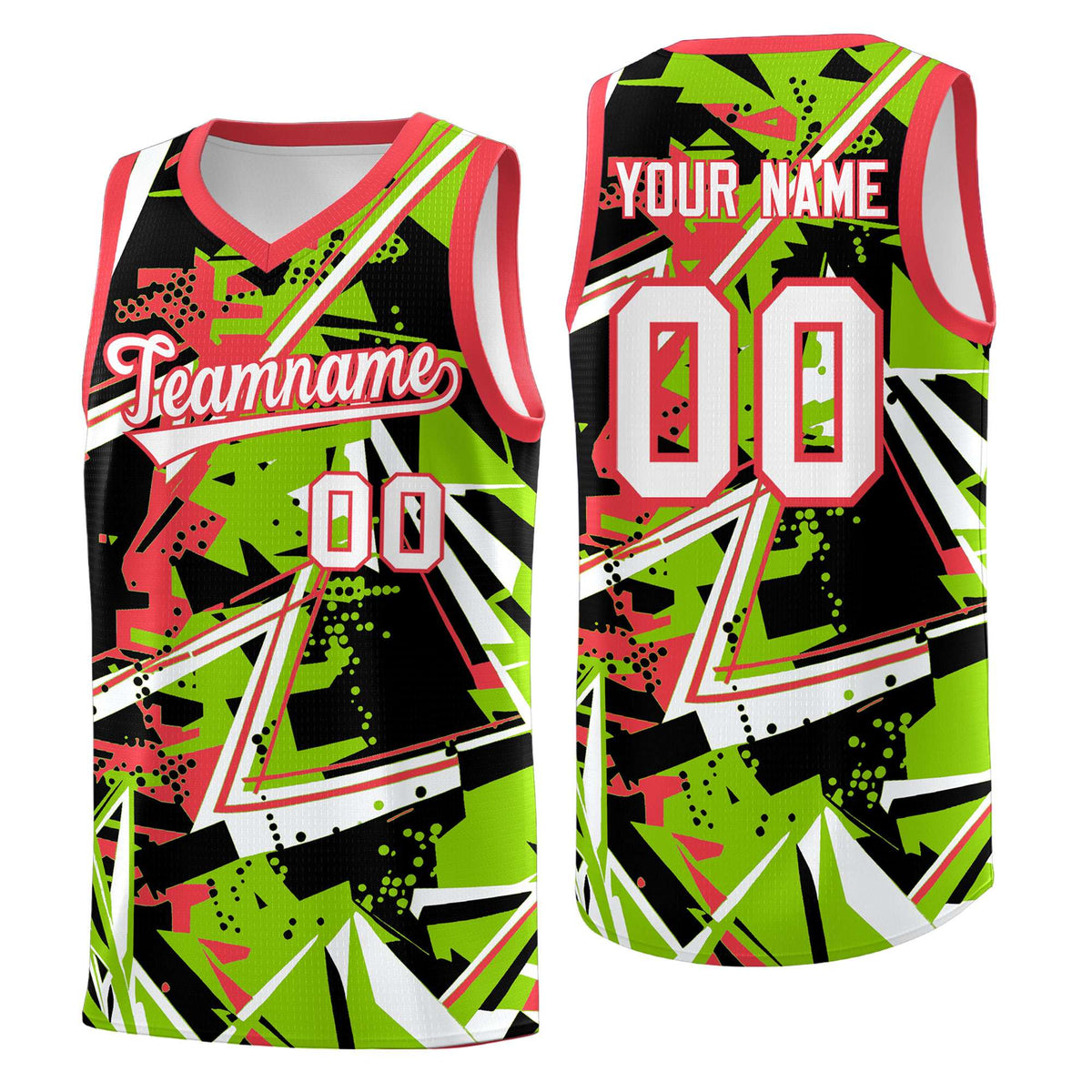 Custom Youth Basketball Jerseys Neon Green Light Red Abstract Graffiti Personalized Street Style Uniform