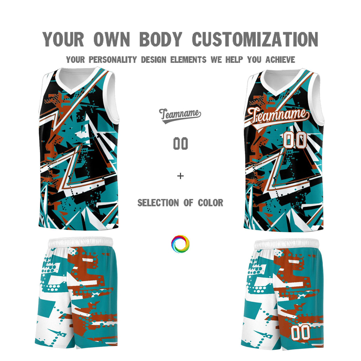 Custom Youth Basketball Jerseys Teal Dark Orange Abstract Graffiti Personalized Street Style Uniform