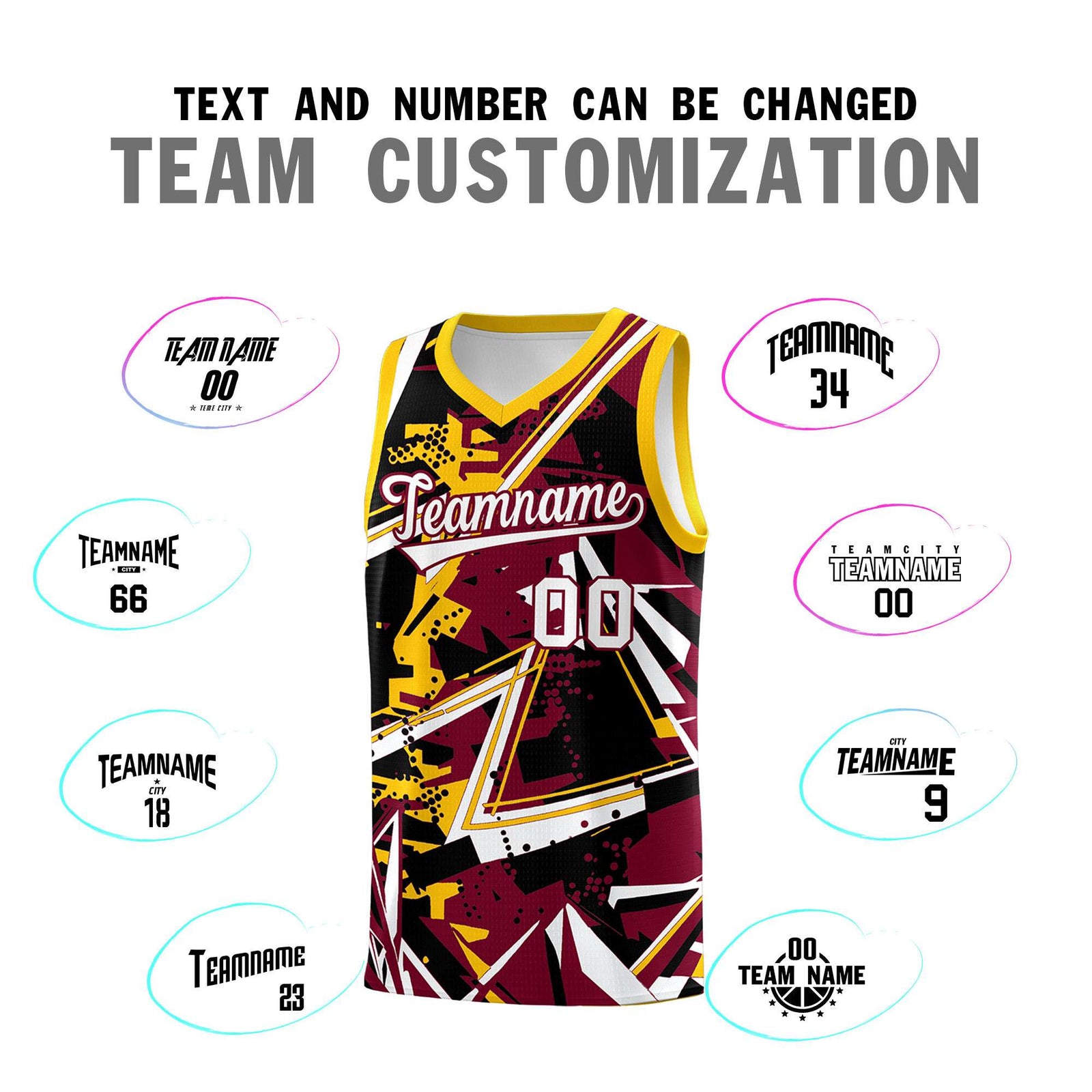 Custom Youth Basketball Jerseys Crimson Yellow Abstract Graffiti Urban Style Personalized Uniform