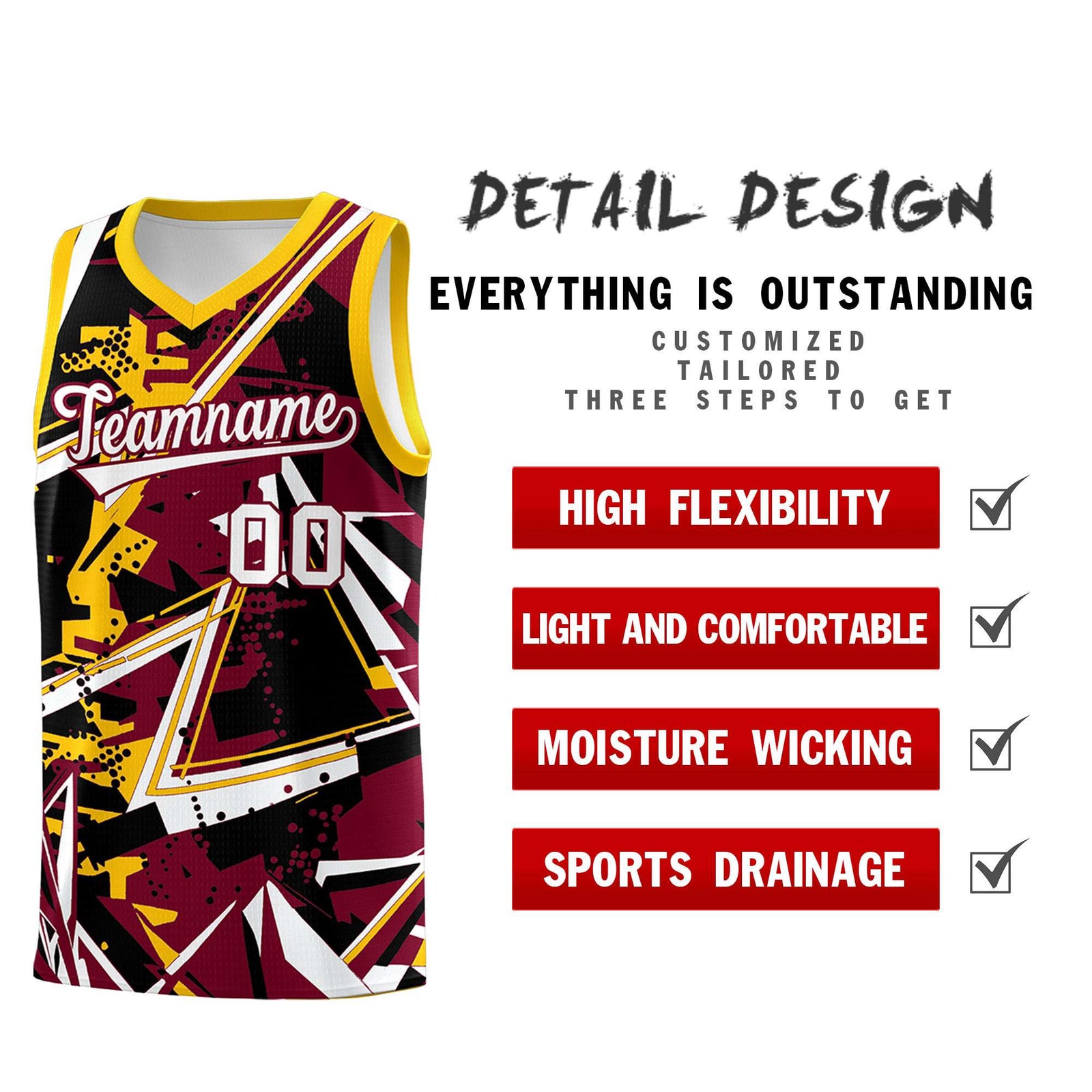 Custom Youth Basketball Jerseys Crimson Yellow Abstract Graffiti Urban Style Personalized Uniform