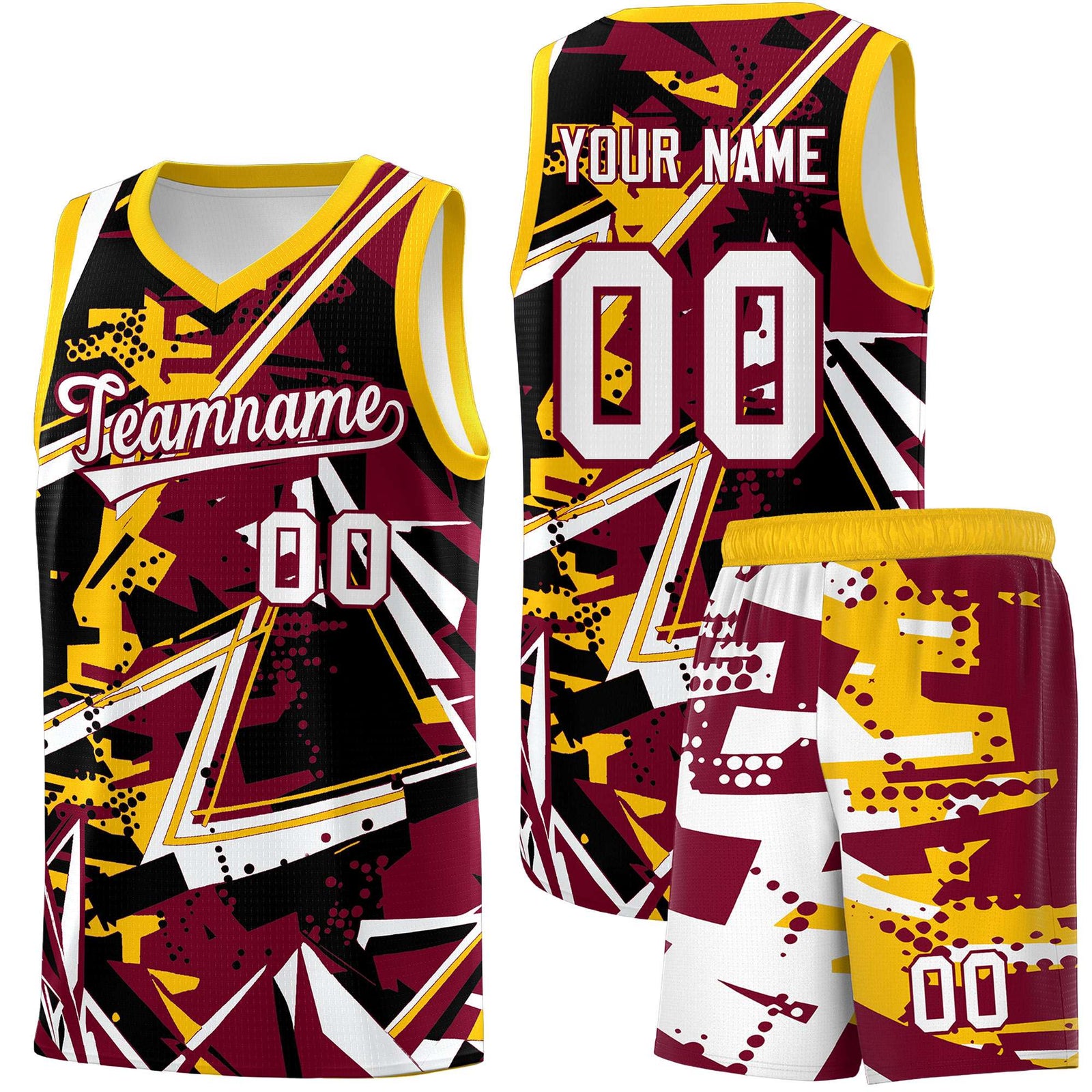 Custom Youth Basketball Jerseys Crimson Yellow Abstract Graffiti Urban Style Personalized Uniform