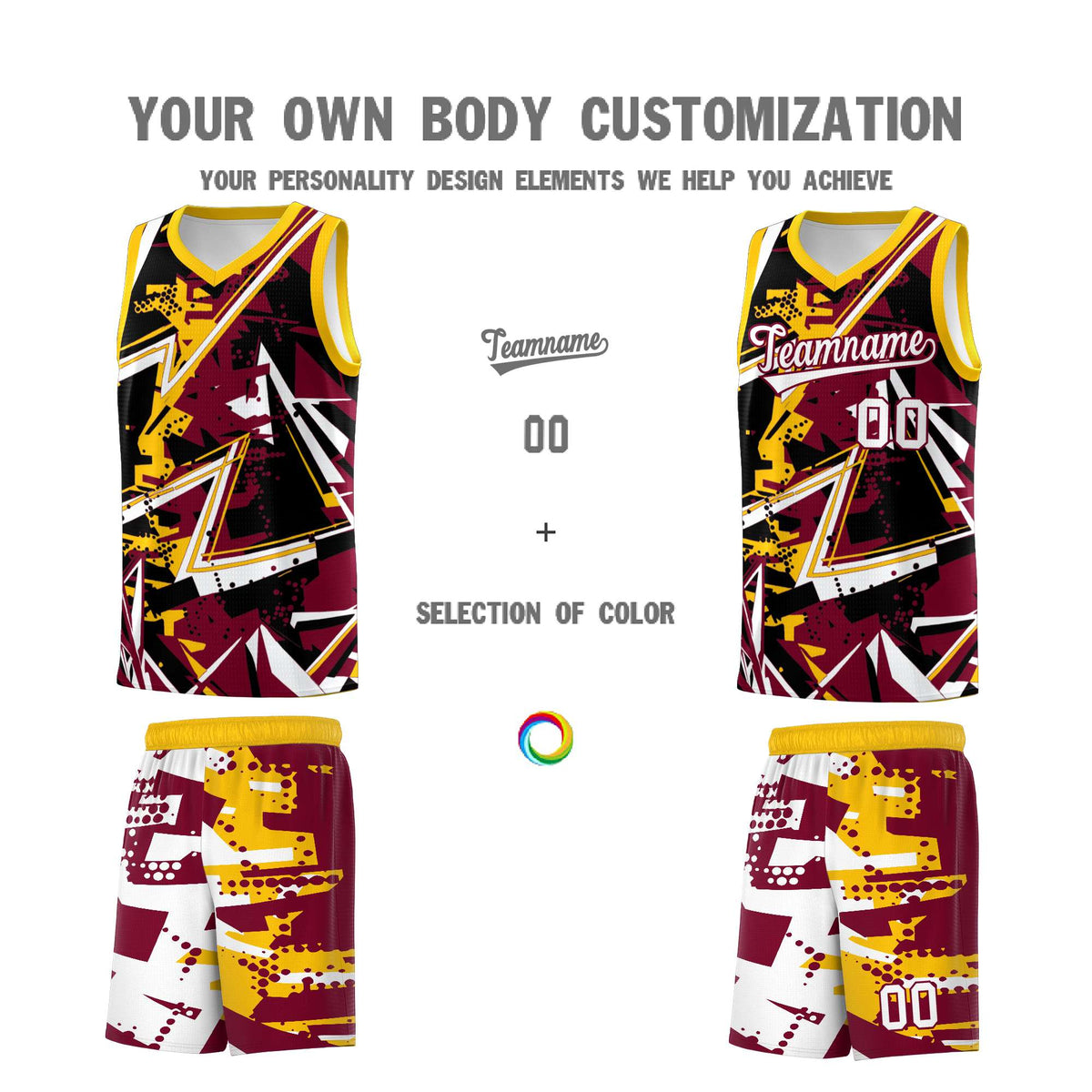 Custom Youth Basketball Jerseys Crimson Yellow Abstract Graffiti Urban Style Personalized Uniform