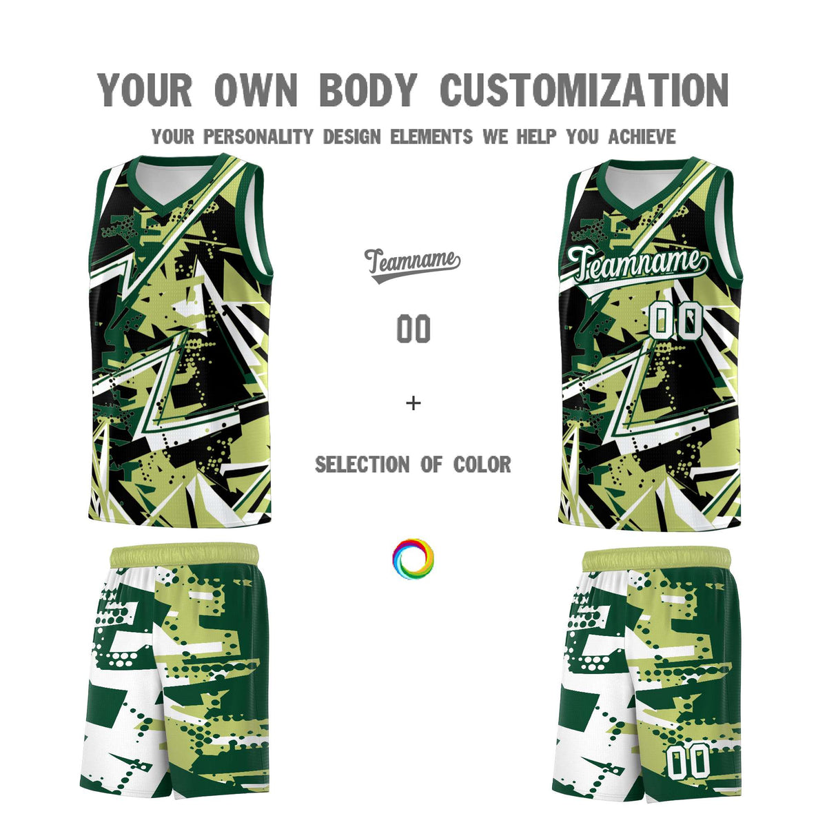Custom Youth Basketball Jerseys Champagne Kelly Green Abstract Graffiti Urban Style Personalized Uniform