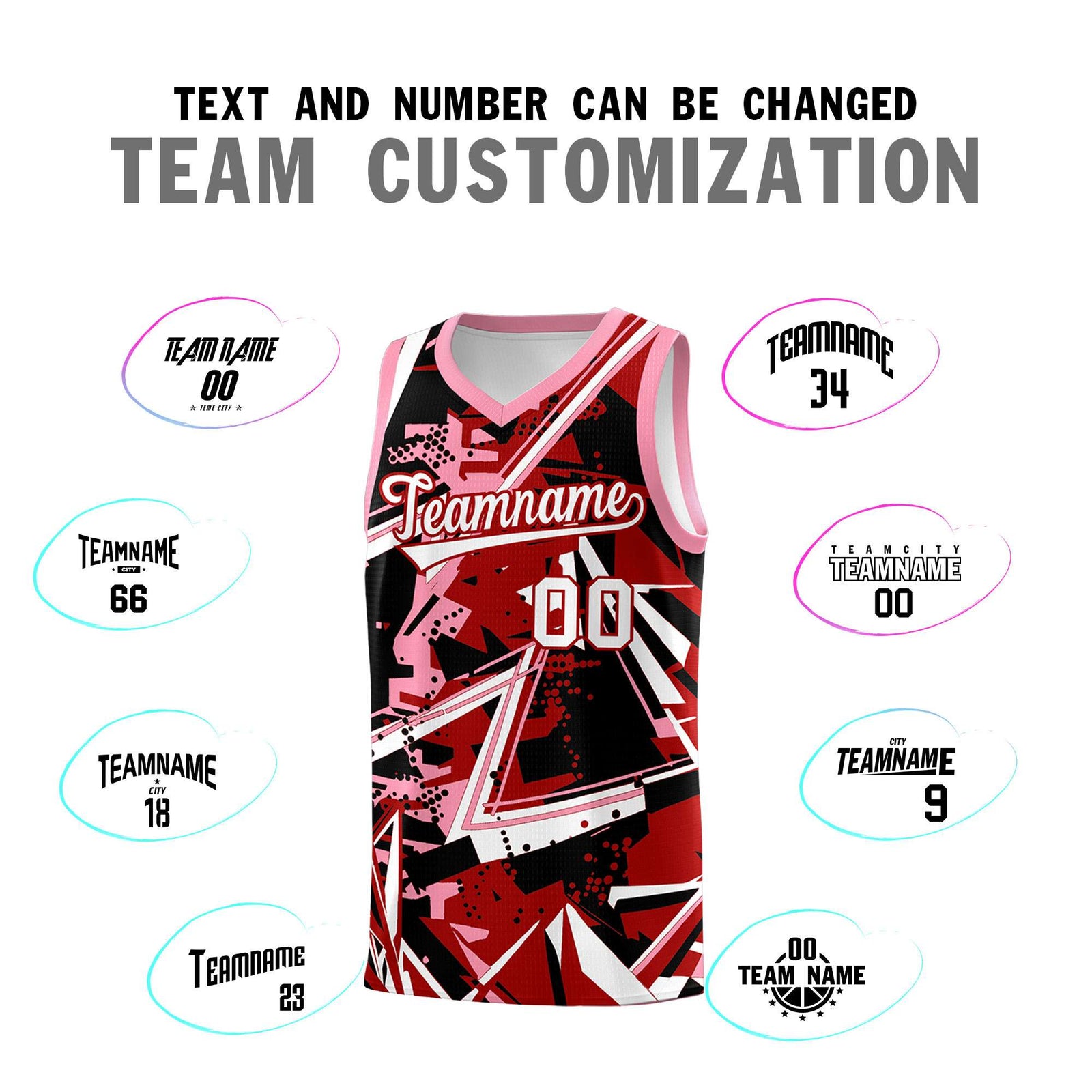 Custom Youth Basketball Jerseys Red Light Pink Abstract Graffiti Personalized Street Style Uniform