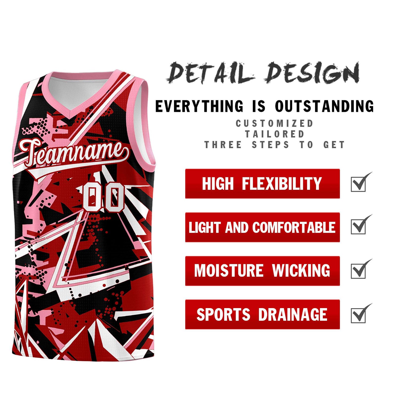 Custom Youth Basketball Jerseys Red Light Pink Abstract Graffiti Personalized Street Style Uniform