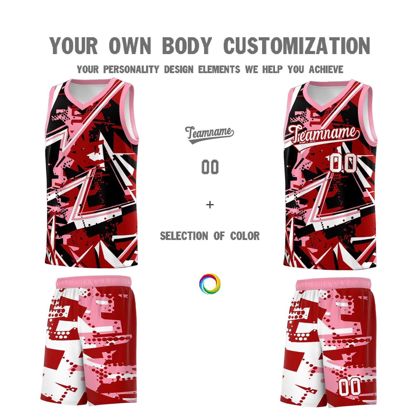 Custom Youth Basketball Jerseys Red Light Pink Abstract Graffiti Personalized Street Style Uniform
