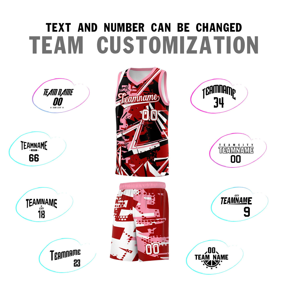 Custom Youth Basketball Jerseys Red Light Pink Abstract Graffiti Personalized Street Style Uniform