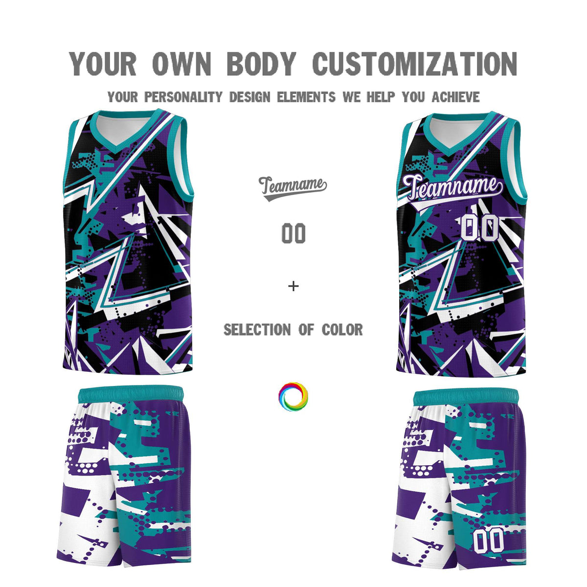 Custom Youth Basketball Jerseys Purple Teal Abstract Graffiti Urban Style Personalized Uniform
