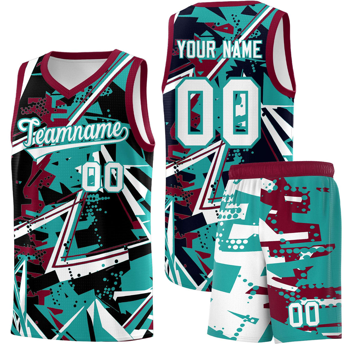 Custom Youth Basketball Jerseys Teal Crimson Abstract Graffiti Personalized Team Name &amp; Number
