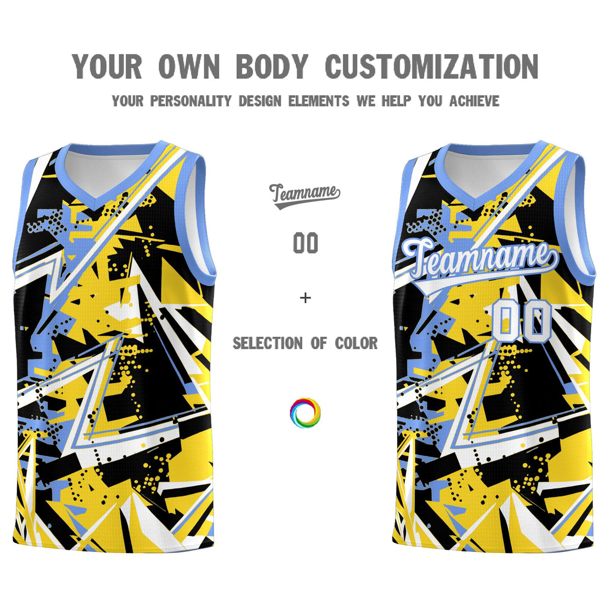Custom Youth Basketball Jerseys Gold Light Blue Abstract Graffiti Urban Style Personalized Uniform