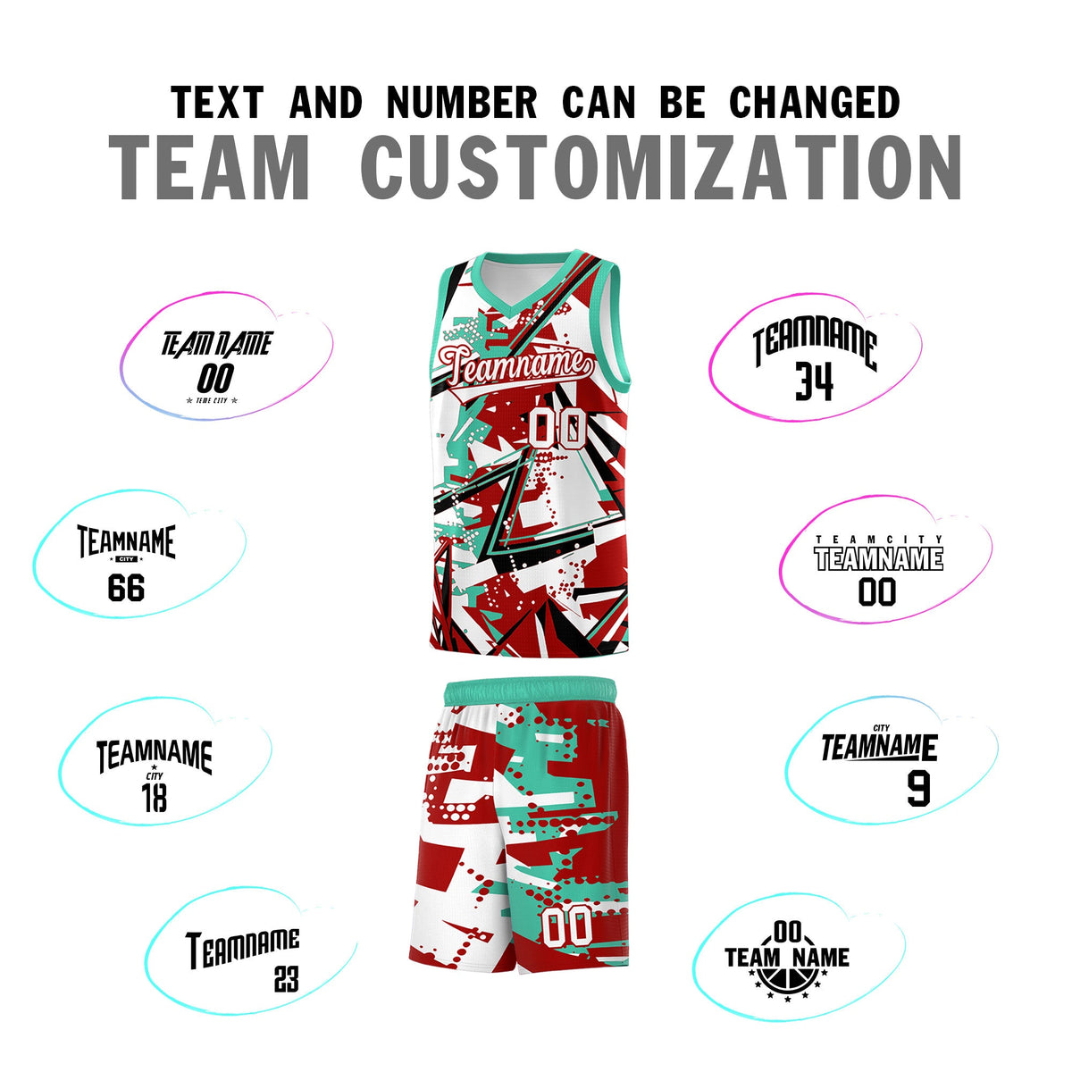 Custom Youth Basketball Jerseys Red Bright Green Abstract Graffiti Personalized Team Name &amp; Number