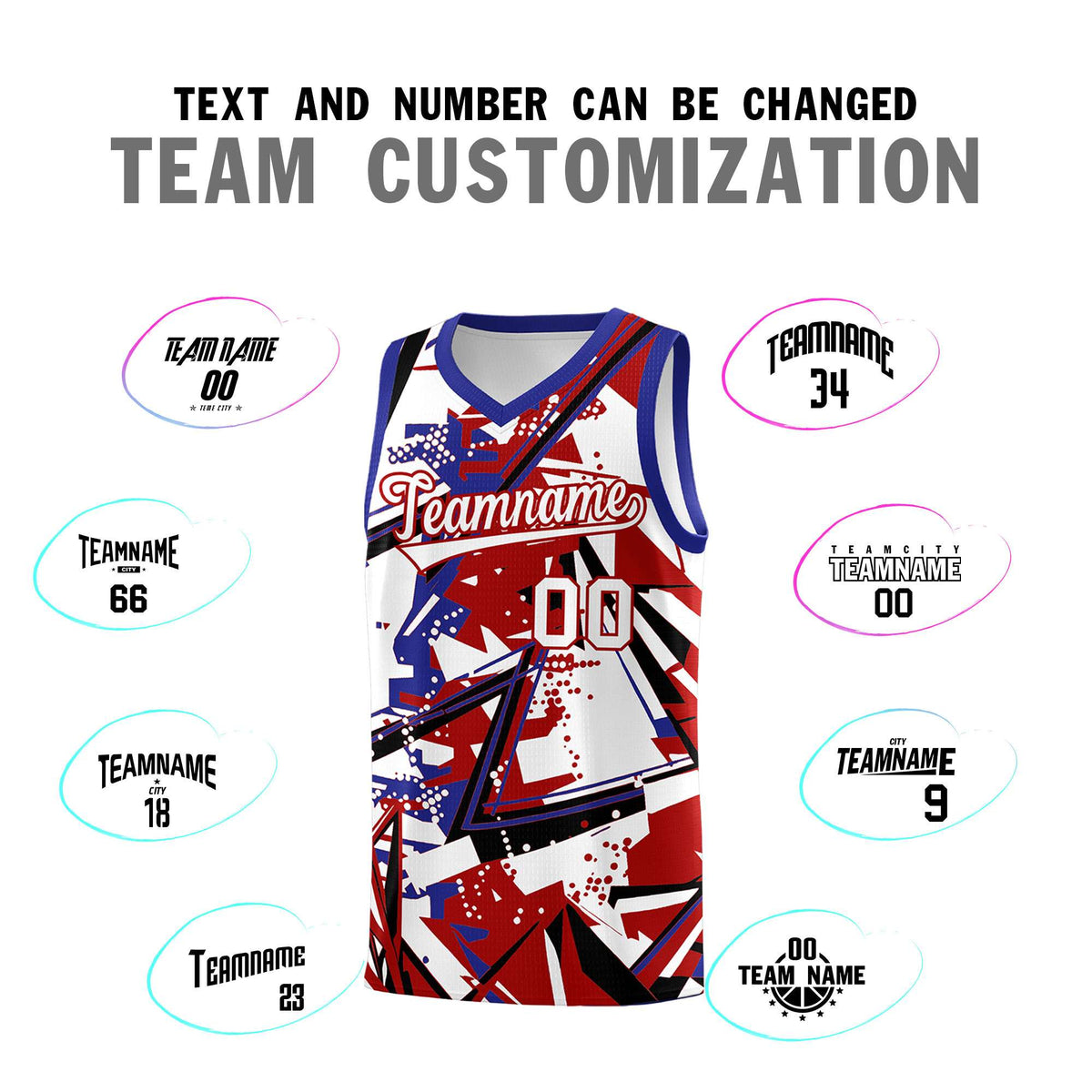 Custom Youth Basketball Jerseys Red Royal Abstract Graffiti Personalized Street Style Uniform