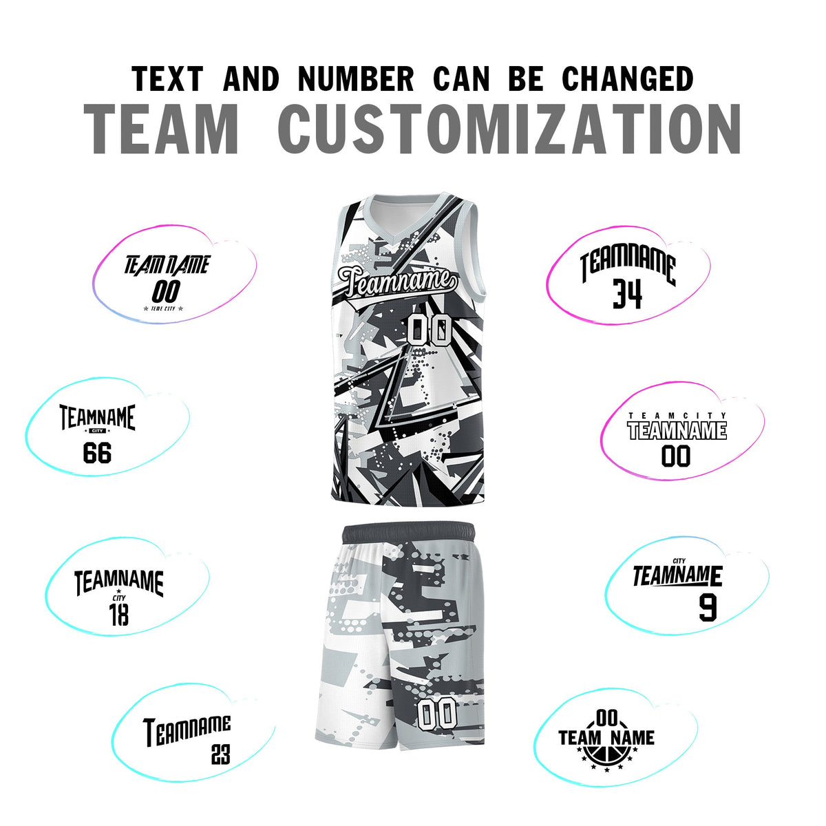 Custom Youth Basketball Jerseys Gray Silver Abstract Graffiti Personalized Team Name &amp; Number