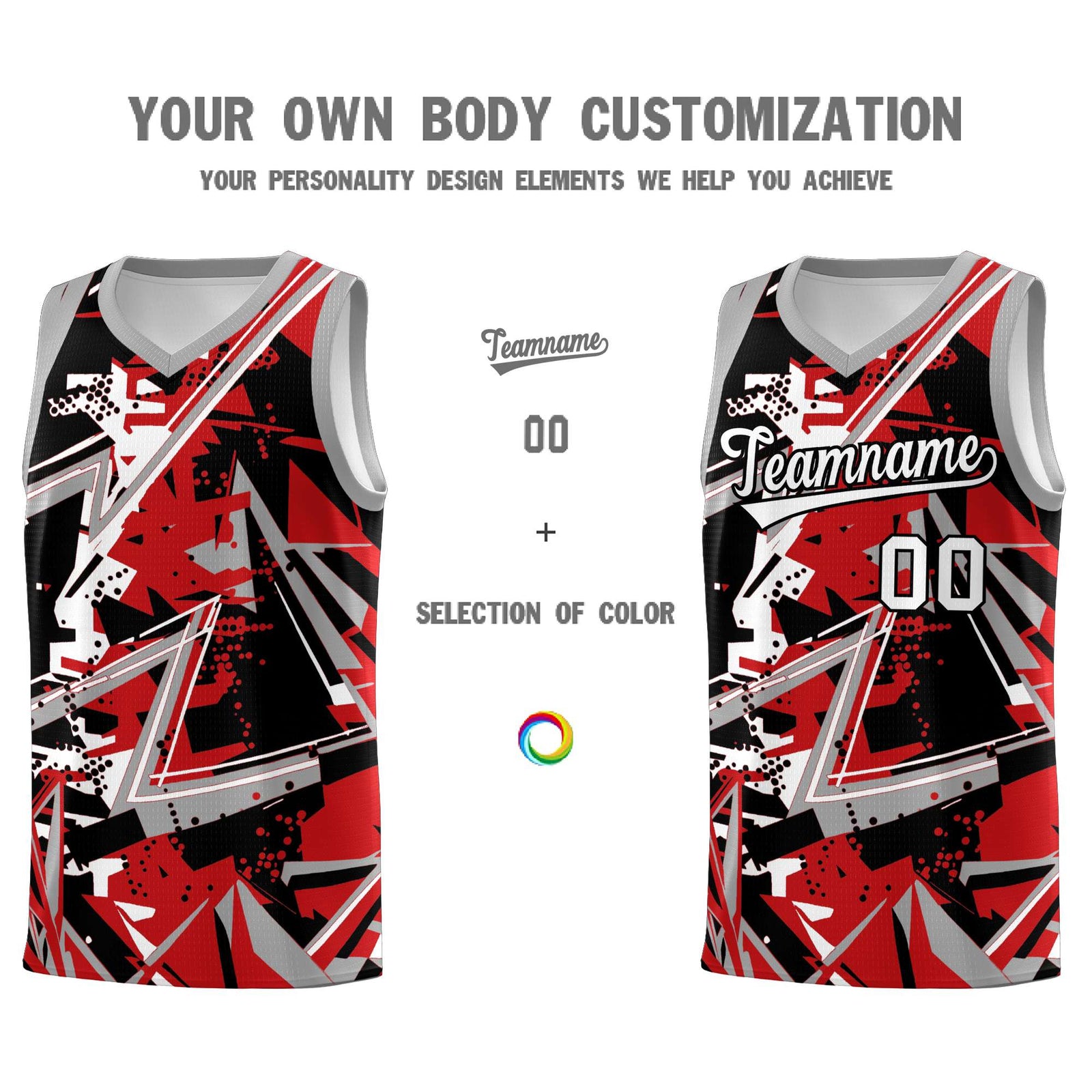 Custom Youth Basketball Jerseys Red Gray Abstract Graffiti Personalized Team Name & Number
