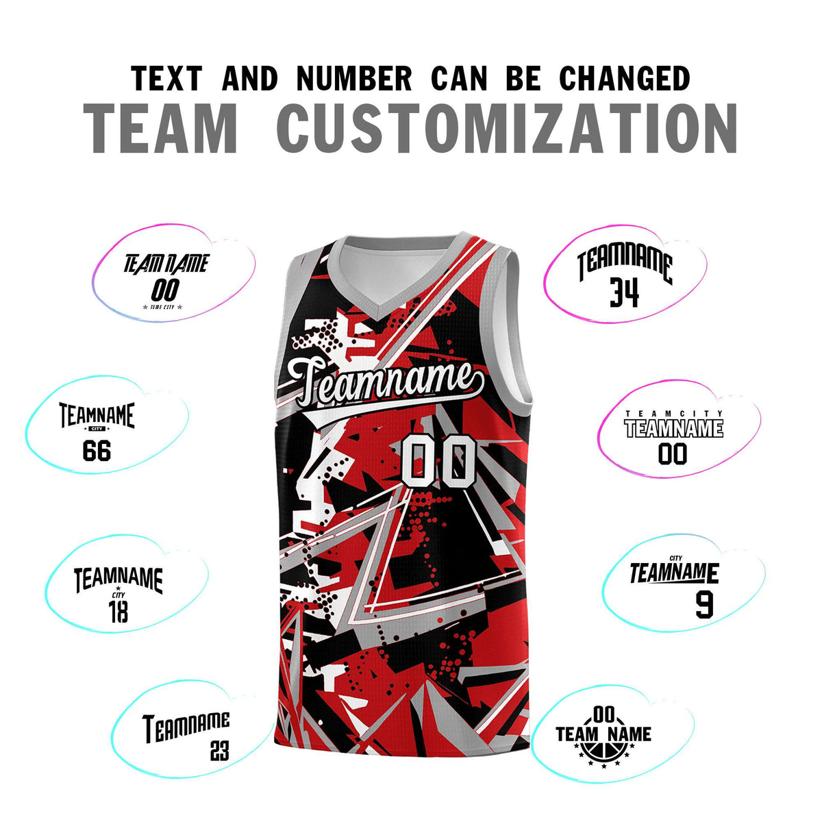 Custom Youth Basketball Jerseys Red Gray Abstract Graffiti Personalized Team Name &amp; Number