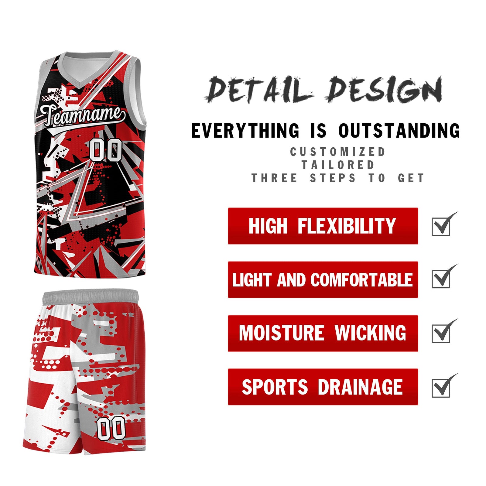 Custom Youth Basketball Jerseys Red Gray Abstract Graffiti Personalized Team Name & Number