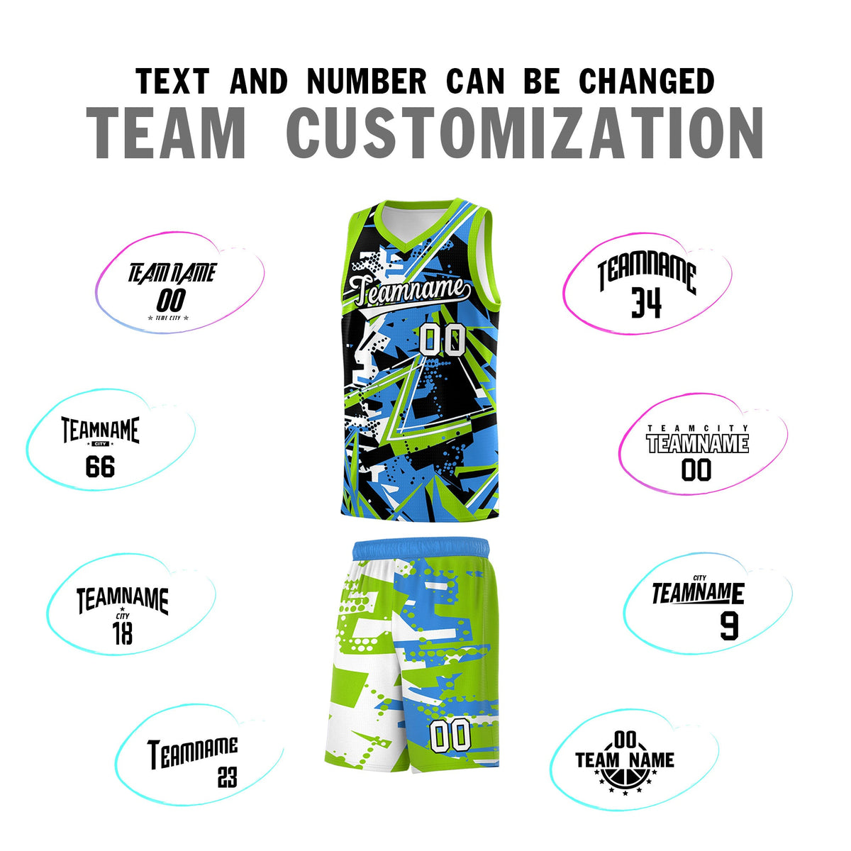 Custom Youth Basketball Jerseys Light Blue Neon Green Abstract Graffiti Personalized Street Style Uniform