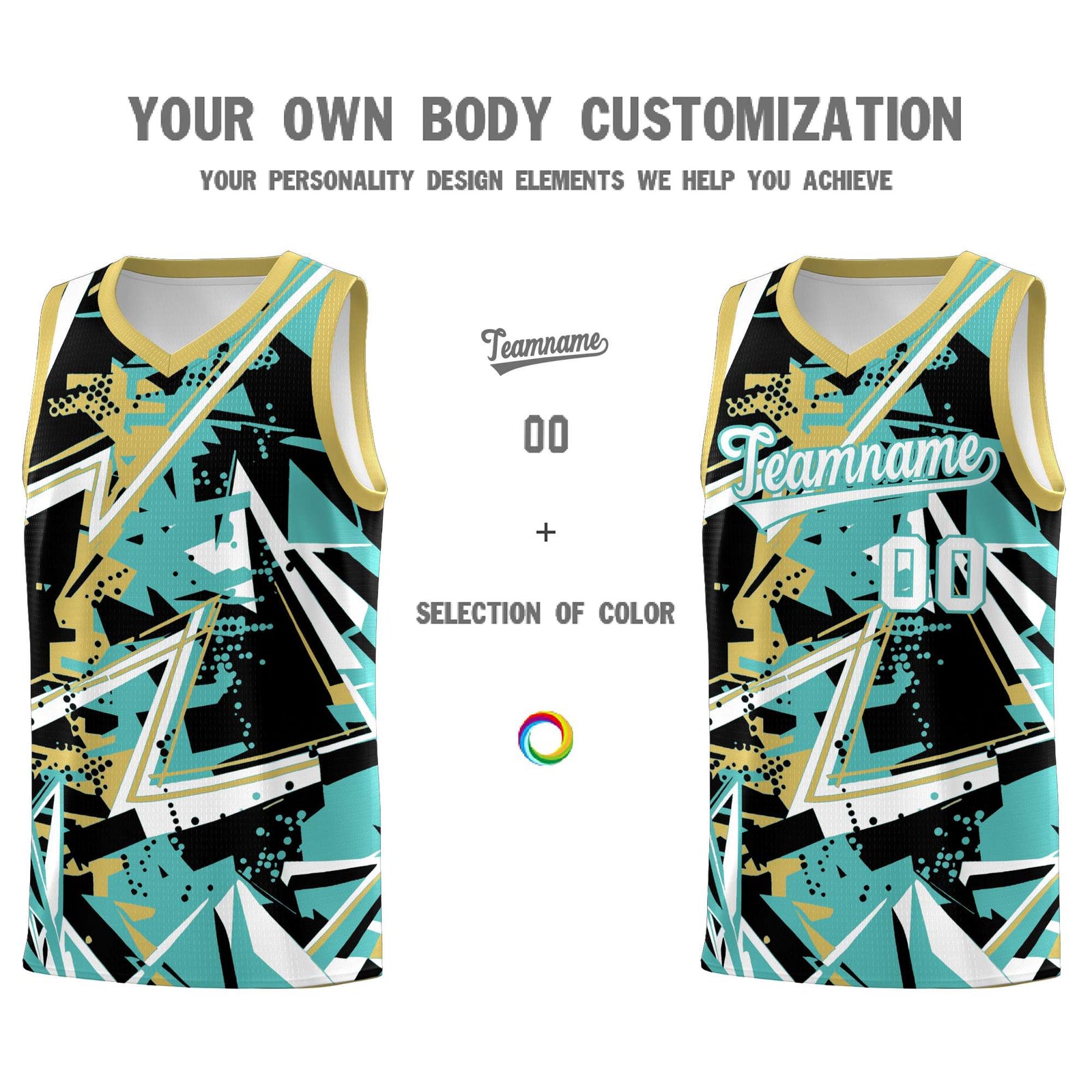 Custom Youth Basketball Jerseys Teal Old Gold Abstract Graffiti Personalized Street Style Uniform
