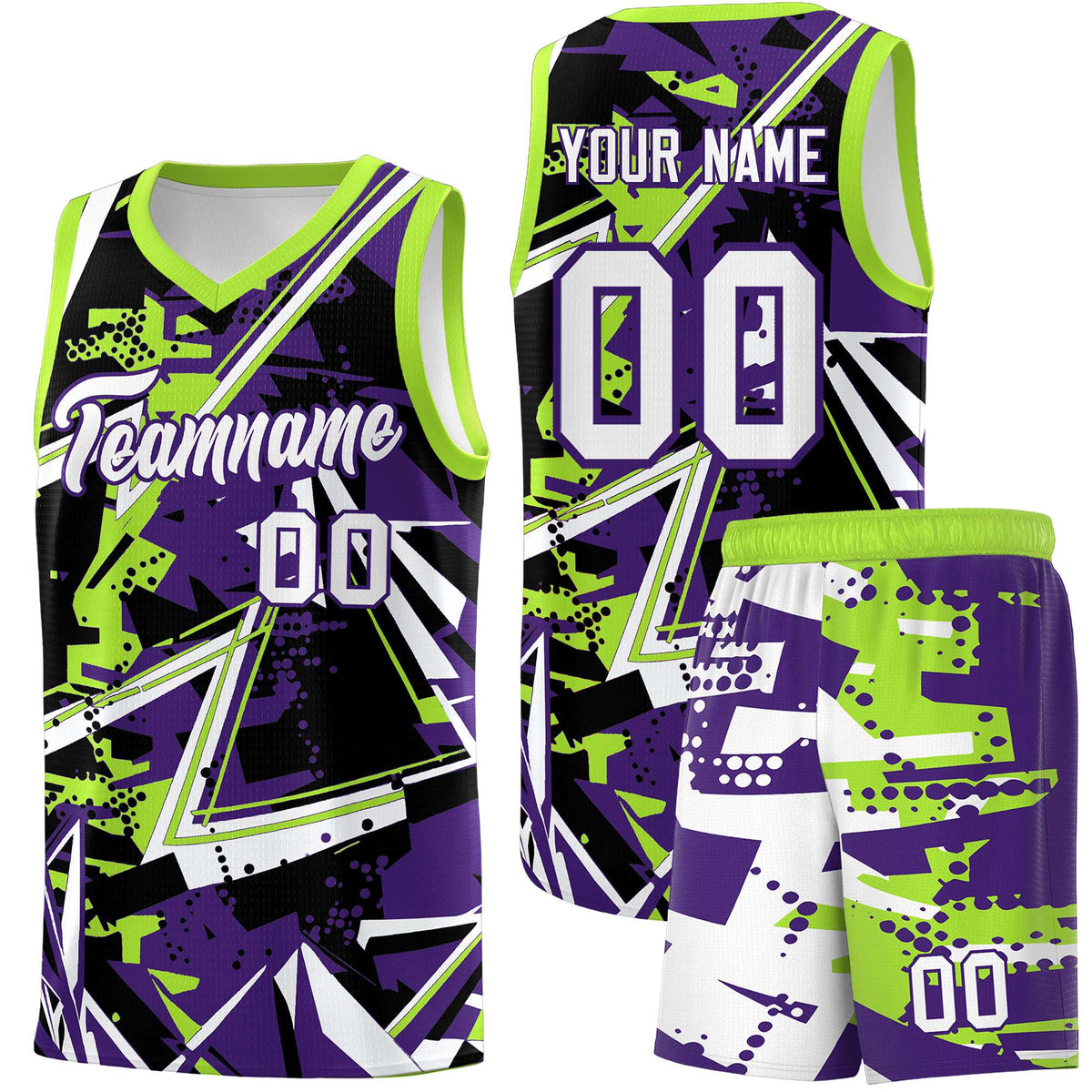 Custom Youth Basketball Jerseys Purple Neon Green Abstract Graffiti Personalized Team Name &amp; Number
