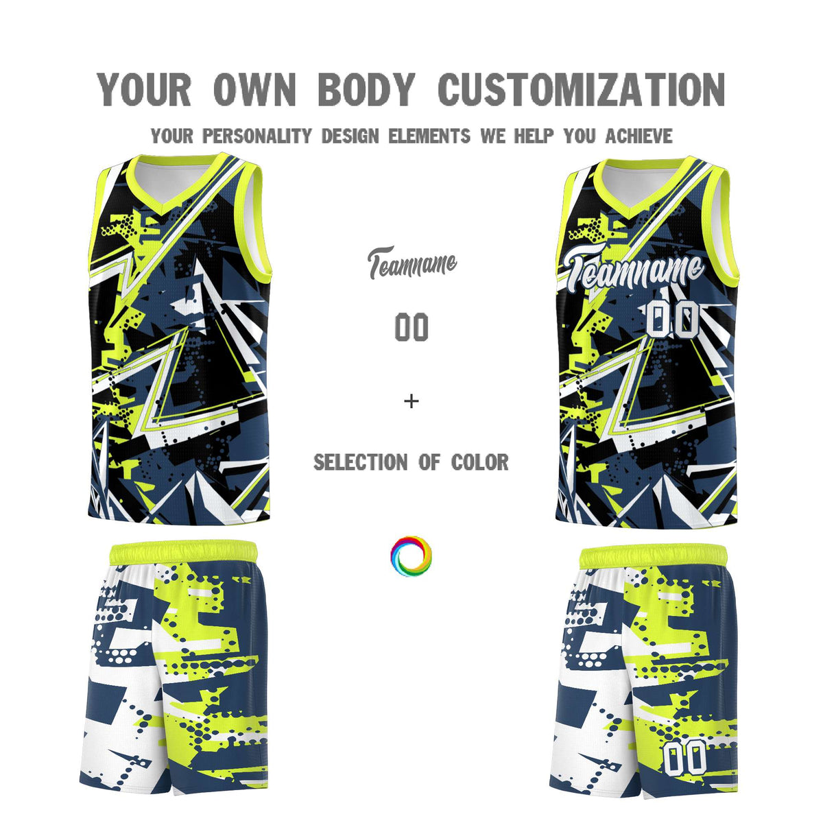 Custom Youth Basketball Jerseys Midnight Blue Fluorescent Green Abstract Graffiti Urban Style Personalized Uniform
