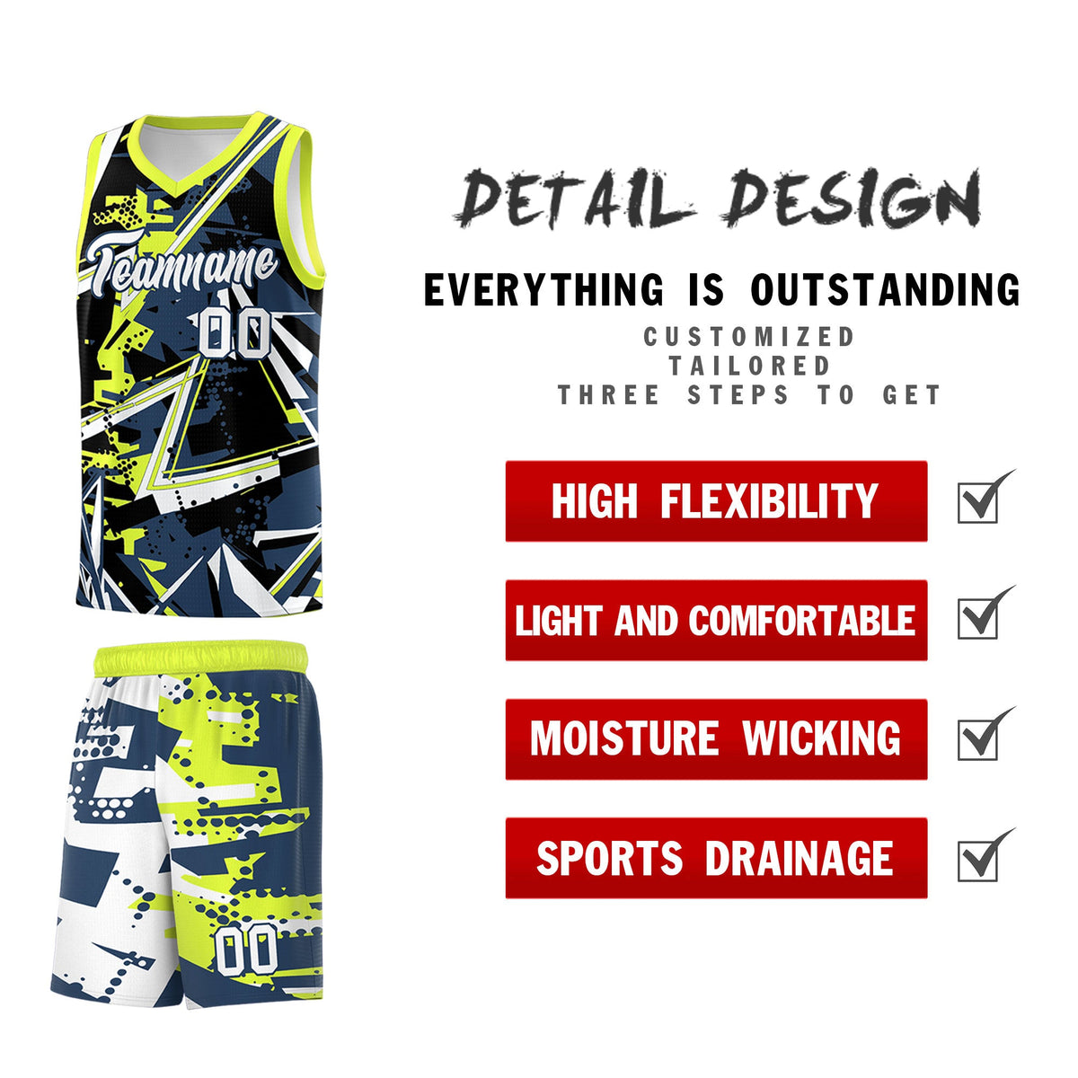 Custom Youth Basketball Jerseys Midnight Blue Fluorescent Green Abstract Graffiti Urban Style Personalized Uniform