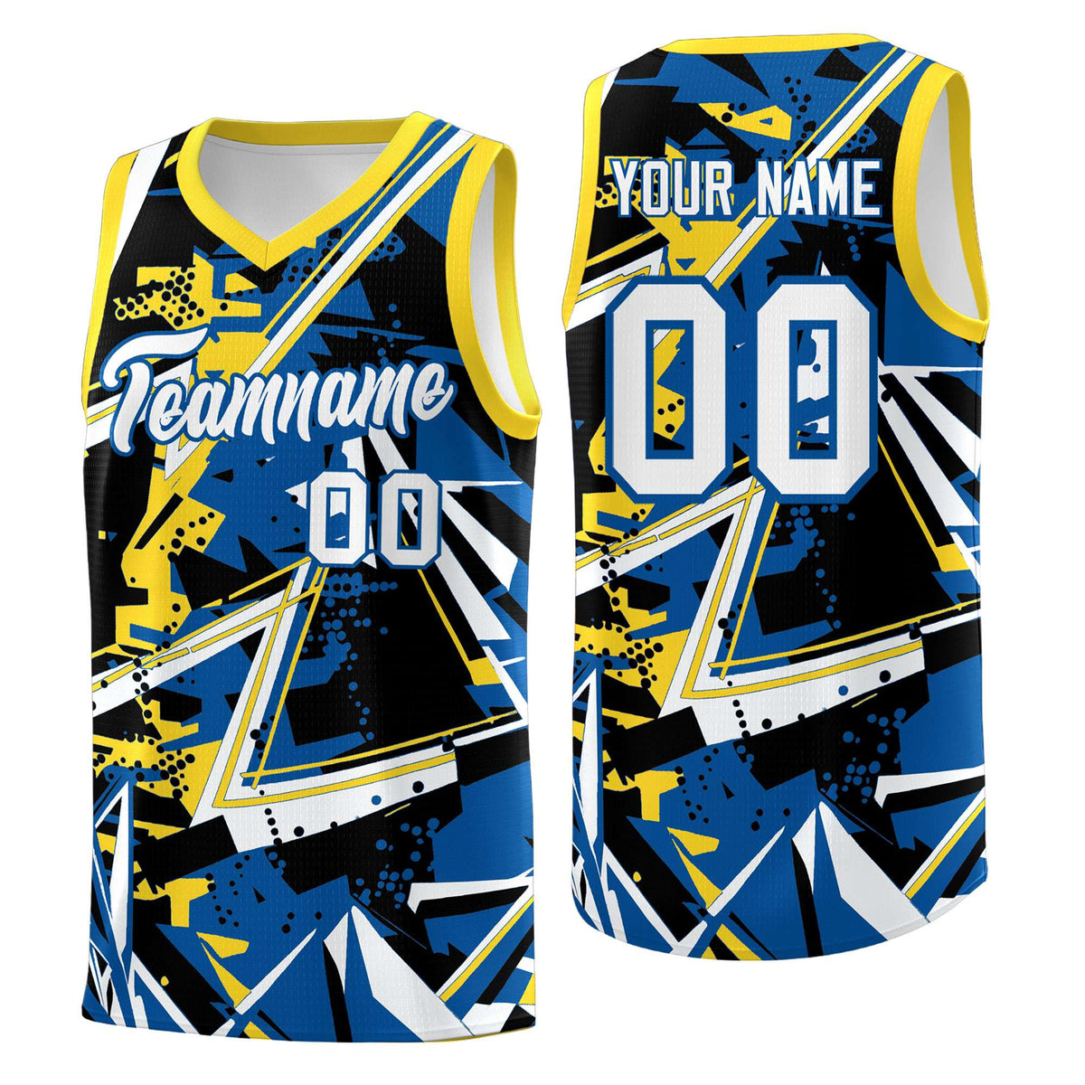 Custom Youth Basketball Jerseys Royal Gold Abstract Graffiti Personalized Team Name &amp; Number