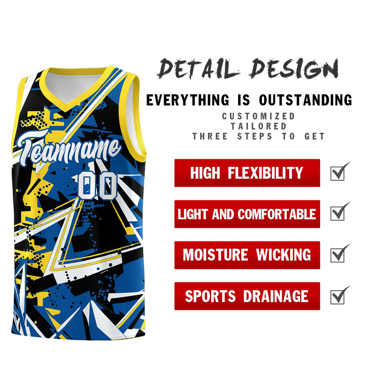 Custom Youth Basketball Jerseys Royal Gold Abstract Graffiti Personalized Team Name &amp; Number