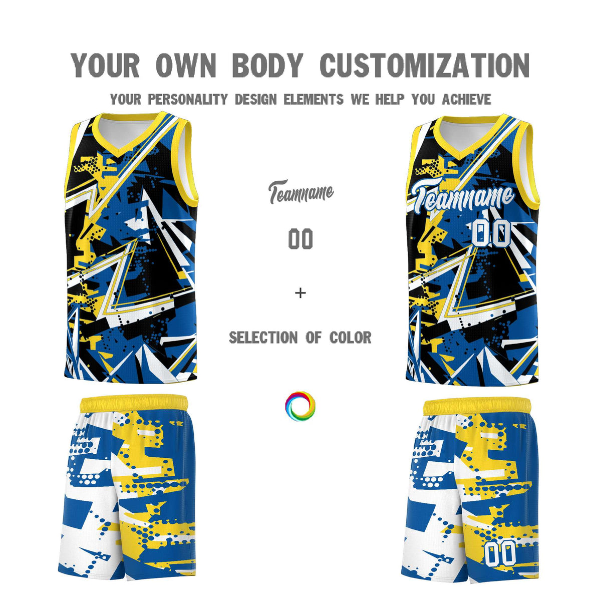 Custom Youth Basketball Jerseys Royal Gold Abstract Graffiti Personalized Team Name &amp; Number