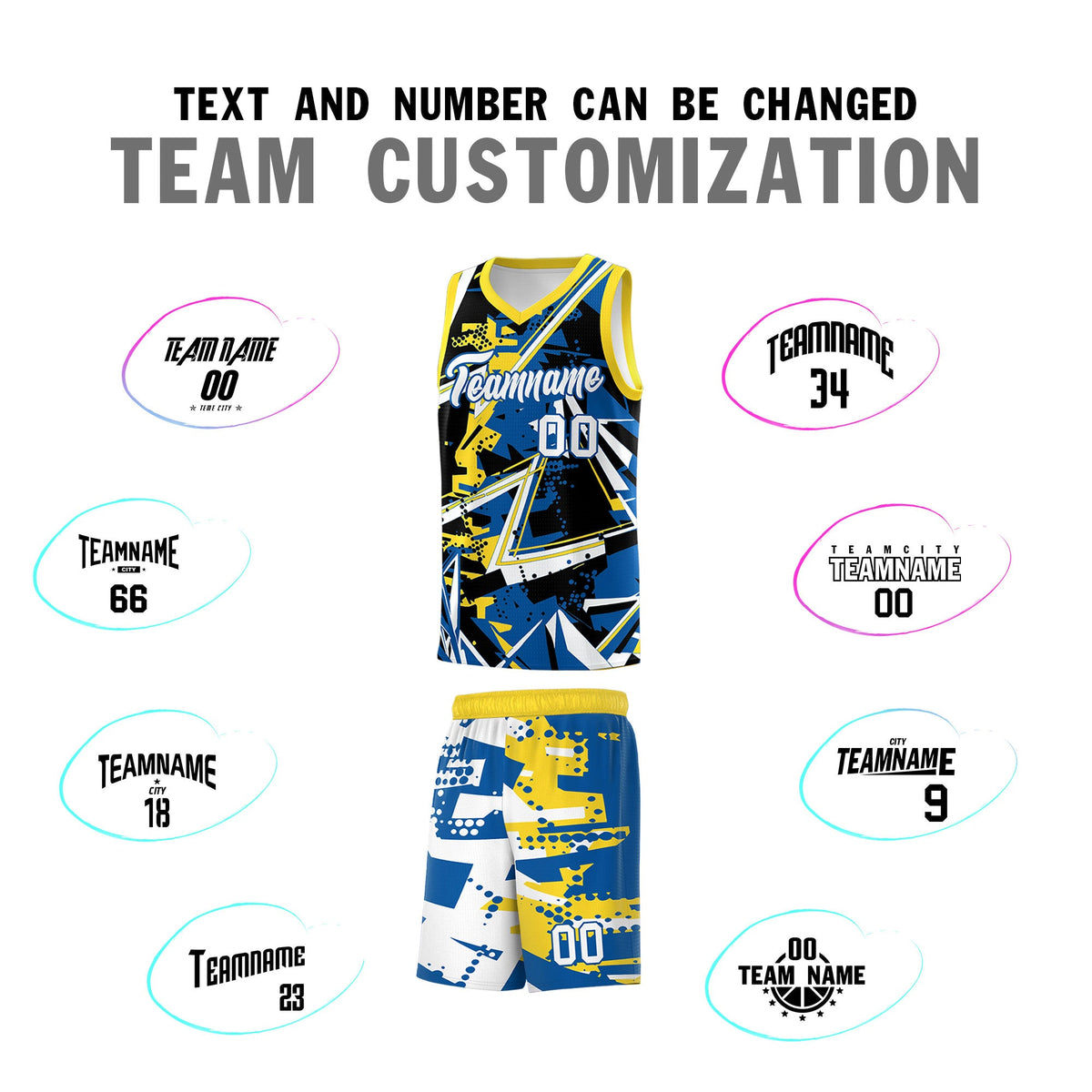 Custom Youth Basketball Jerseys Royal Gold Abstract Graffiti Personalized Team Name &amp; Number