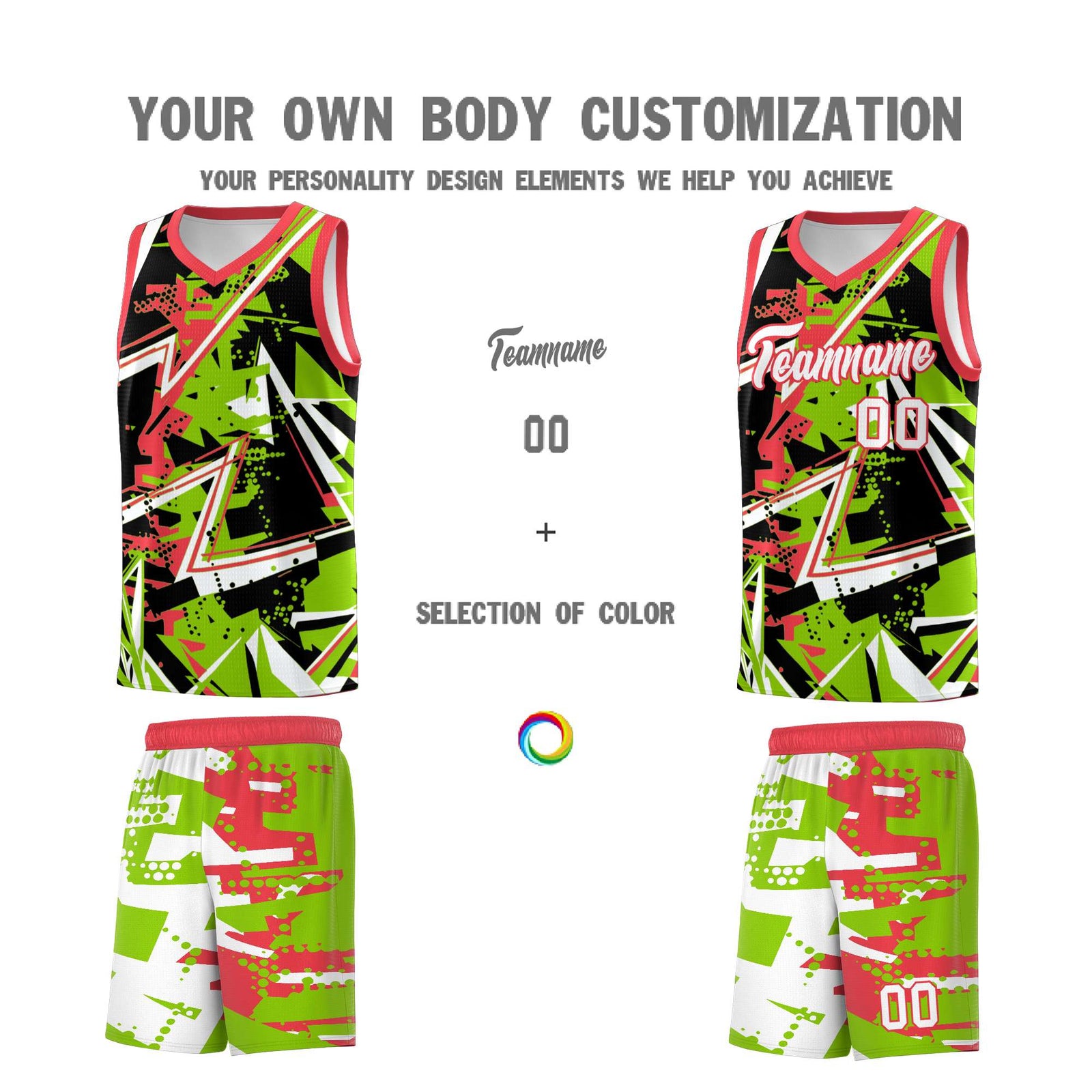 Custom Youth Basketball Jerseys Neon Green Light Red Abstract Graffiti Personalized Street Style Uniform